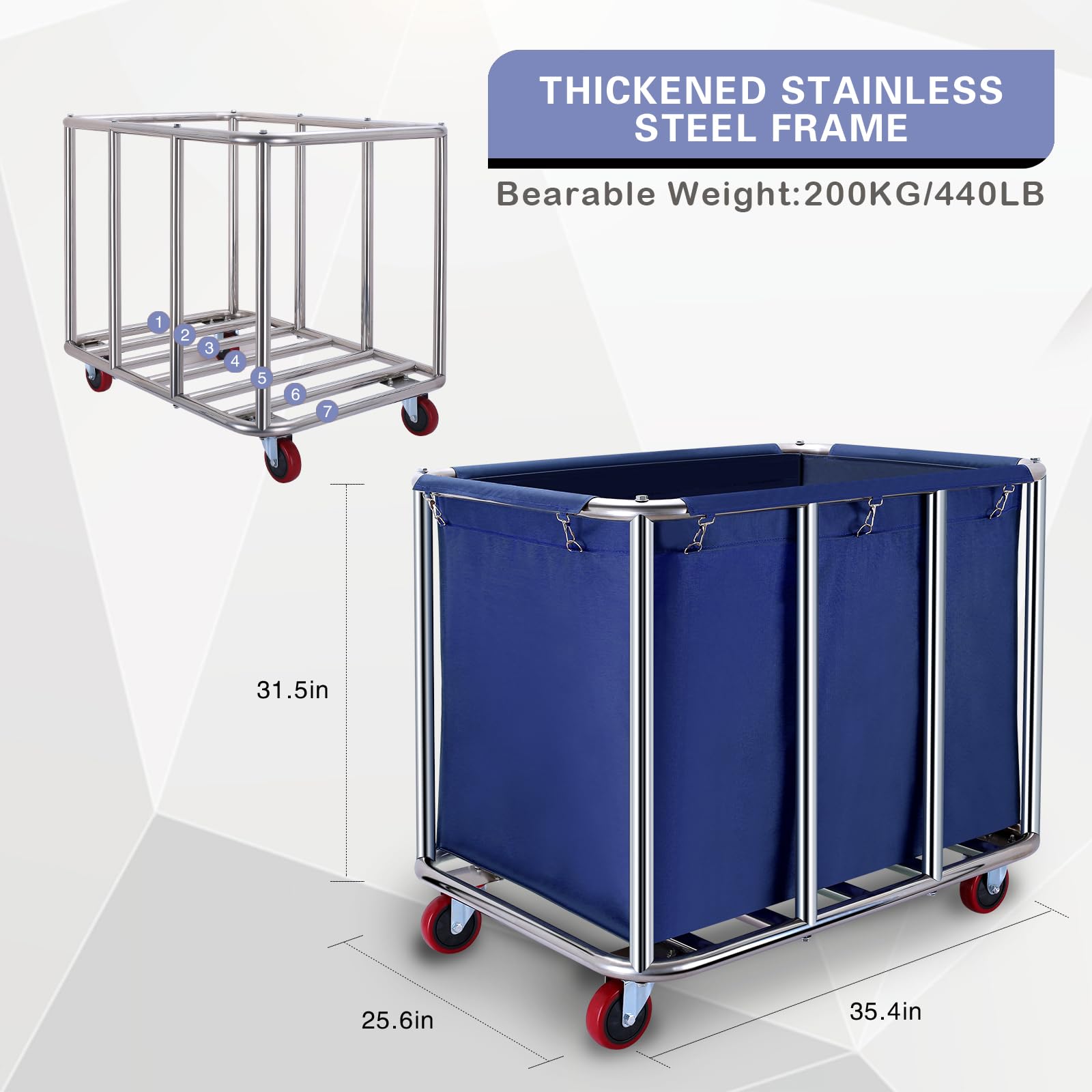 Jjsmkch Commercial Laundry Cart With Wheels, 400L Capacity, Sturdy Steel Frame, Waterproof Oxford Cloth, 330 Lbs Load, Blue