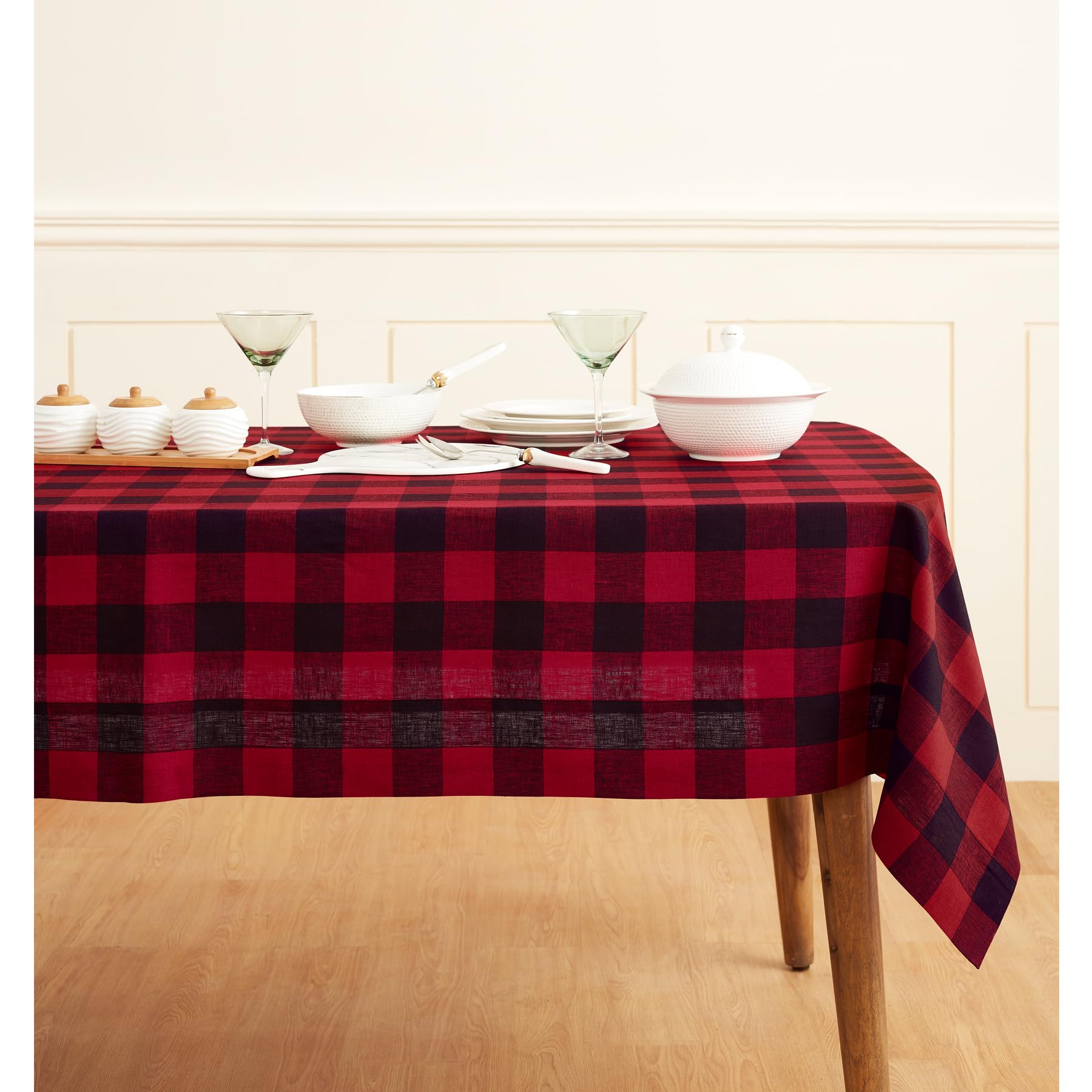 Solino Home Buffalo Check Linen Tablecloth 108'' L X 60'' W Inch - 100% Pure Linen Red And Black Table Cloth For Rectangle Table