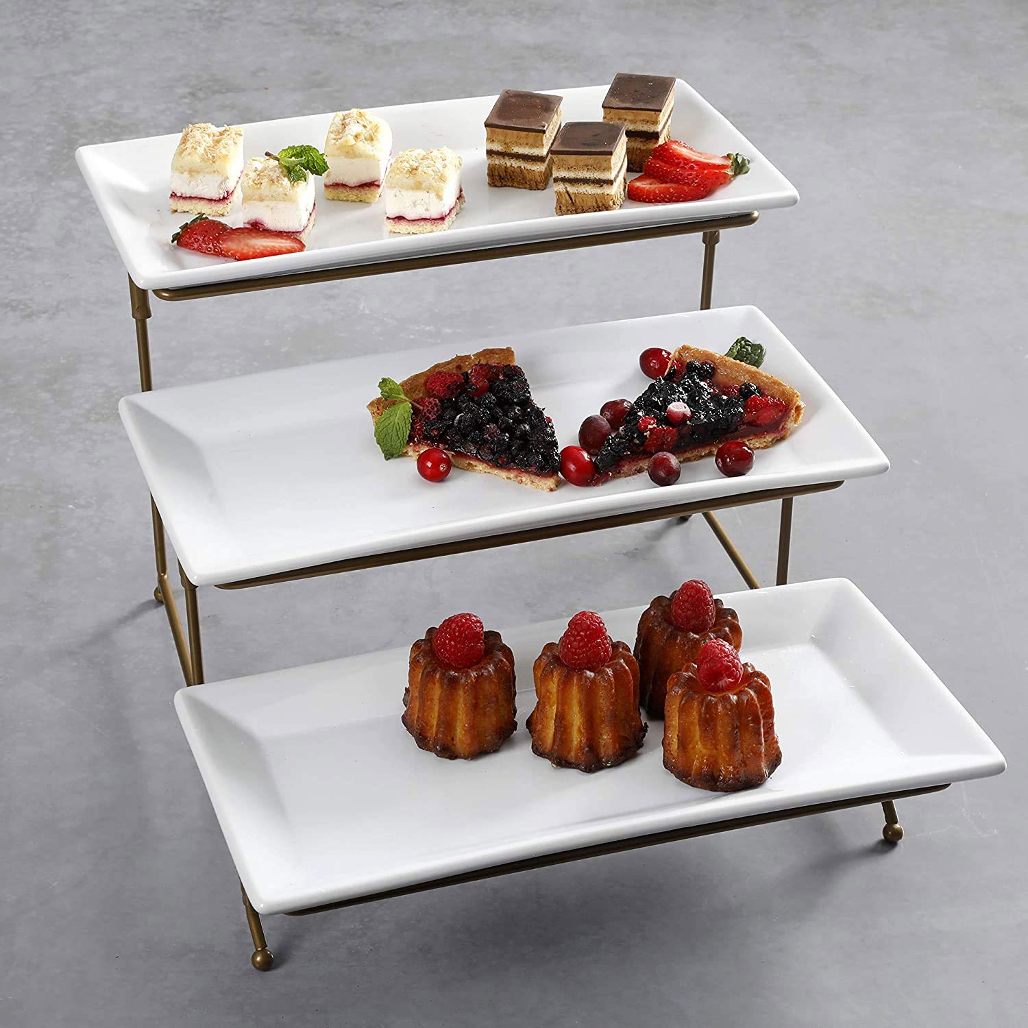 Gibson 3 Tiered Platter Stand With Rectangle Plates, Appetizer Serving Tray, Dessert Display For Tea Party, Brunch Decor, Home E