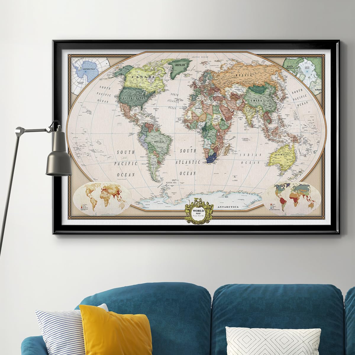 Renditions Gallery Colorful World Map Canvas Wall Art With Black Frame Wall Hanging Travel Map With Push Pins For Home, Office,