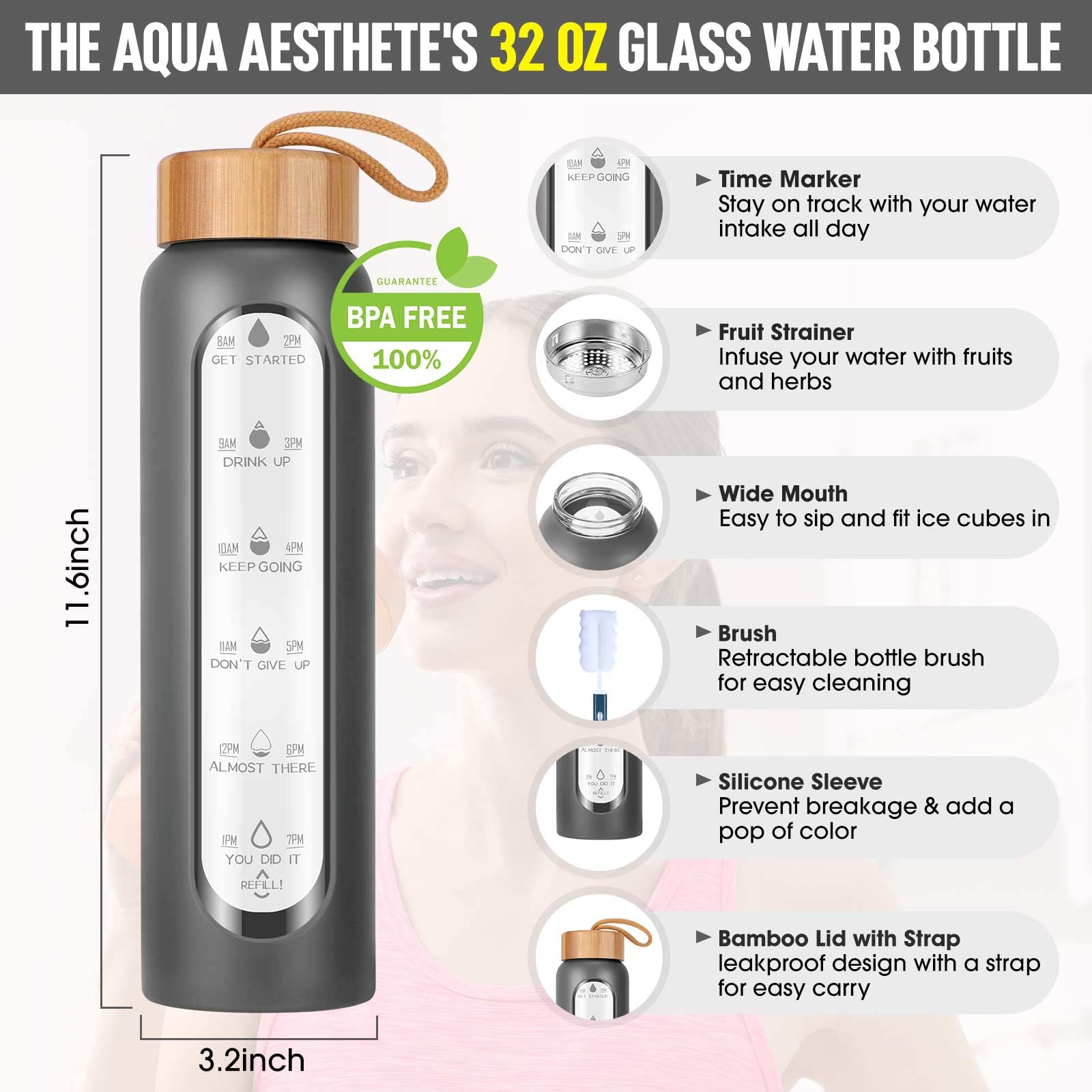 Aqulea Glass Water Bottles With Silicone Sleeve - Bpa Free Reusable Wide Mouth Glass Motivational Water Bottles With Fruit Infus