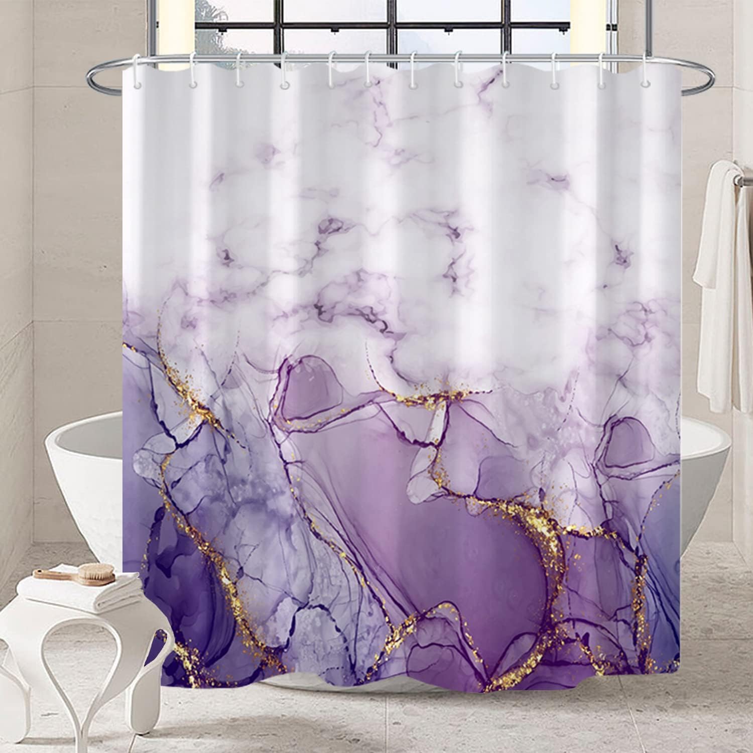 Uiiooazy Marble Bathroom Shower Curtain Purple Gold Fabric Shower Curtains With Hooks Watercolor Abstract Shower Curtain Liner 7