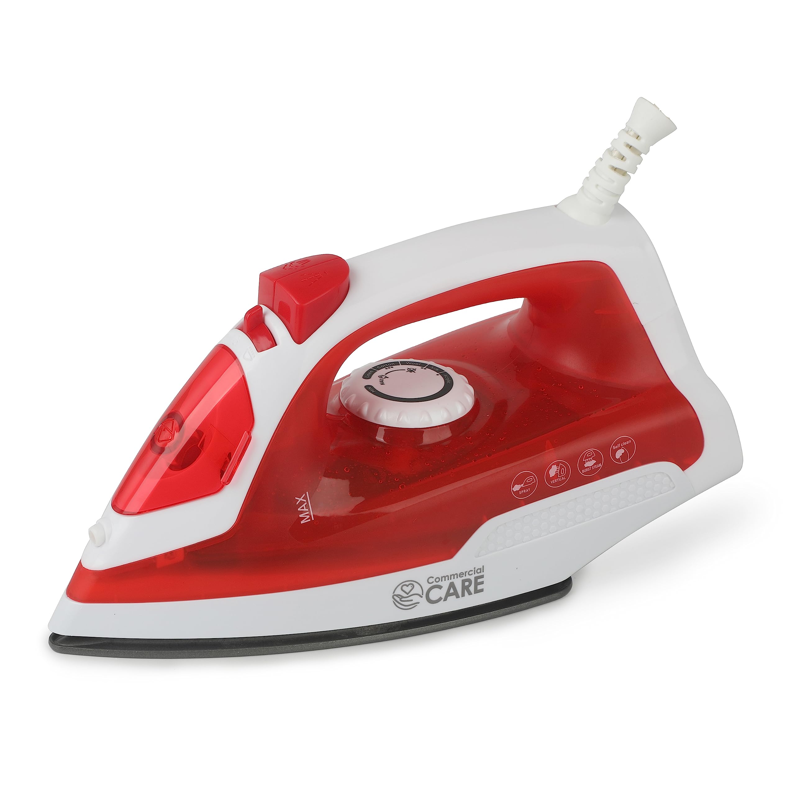 Commercial Care Steam Iron, 1200 Watt Portable Iron, Self-Cleaning Steamer For Clothes With Nonstick Soleplate, Red