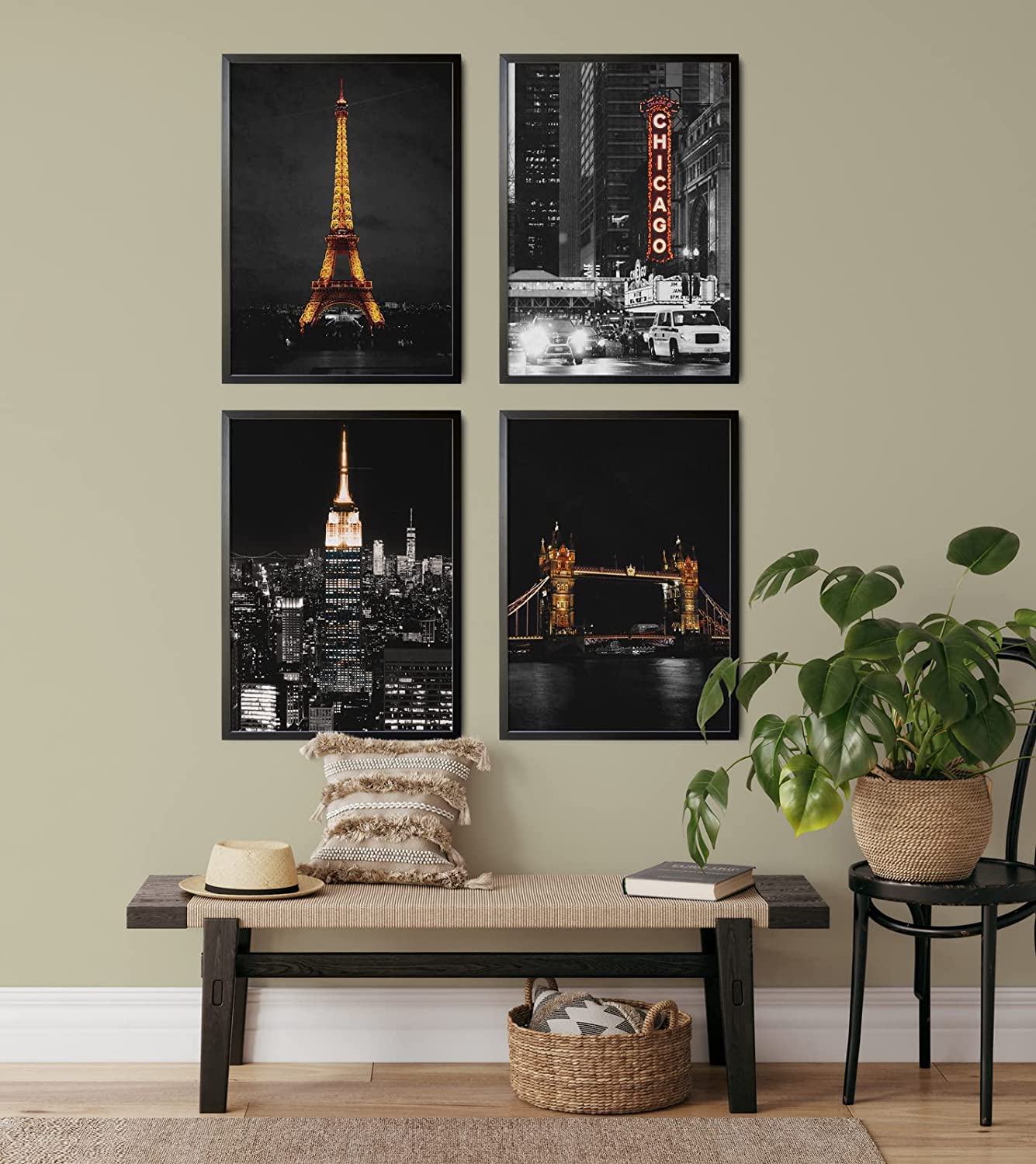 Famous City Art - Us Skyline Photos, City Aesthetic Bedroom Posters, Travel Gifts Set 4 City Skyline Of Eiffel Tower, Chicago, E