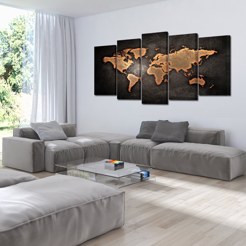 Kreative Arts - Retro World Map Poster Framed 5 Pcs Giclee Canvas Prints Vintage Abstract World Map Painting Printed on Canvas Ready to Hang for Living Room Office Decor Gift (Large Size 60x32inch)