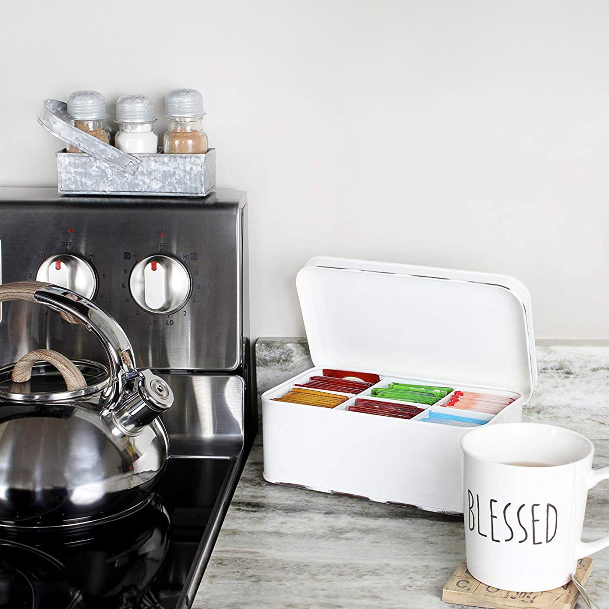Auldhome Farmhouse Tea Bag Box (White), Vintage Retro Style Enamelware Tea Storage Tin