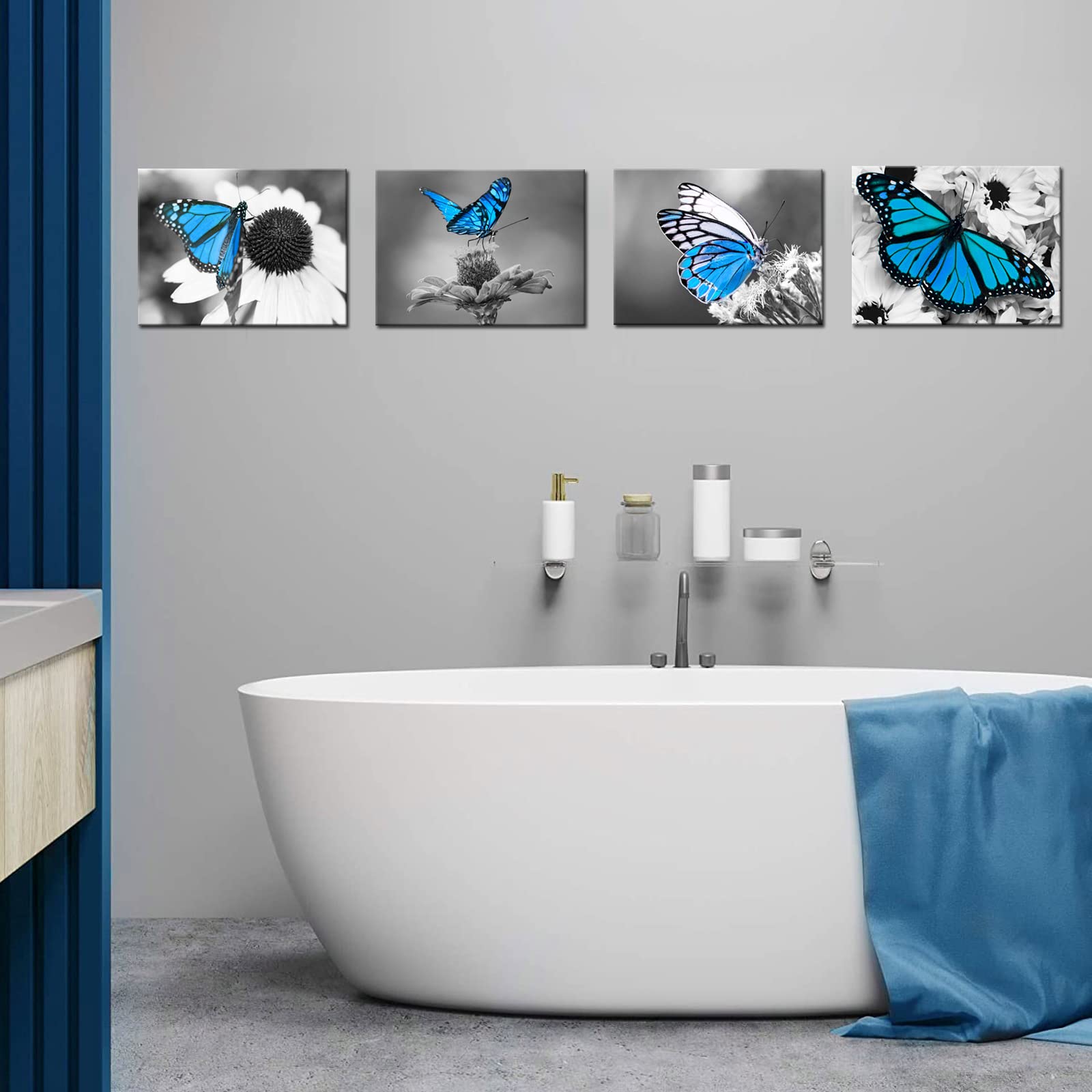 Biuteawal Flower Wall Art Blue Butterfly On Daisy Floral Picture Canvas Painting Black White Nature Landscape Artwork Home Kitch