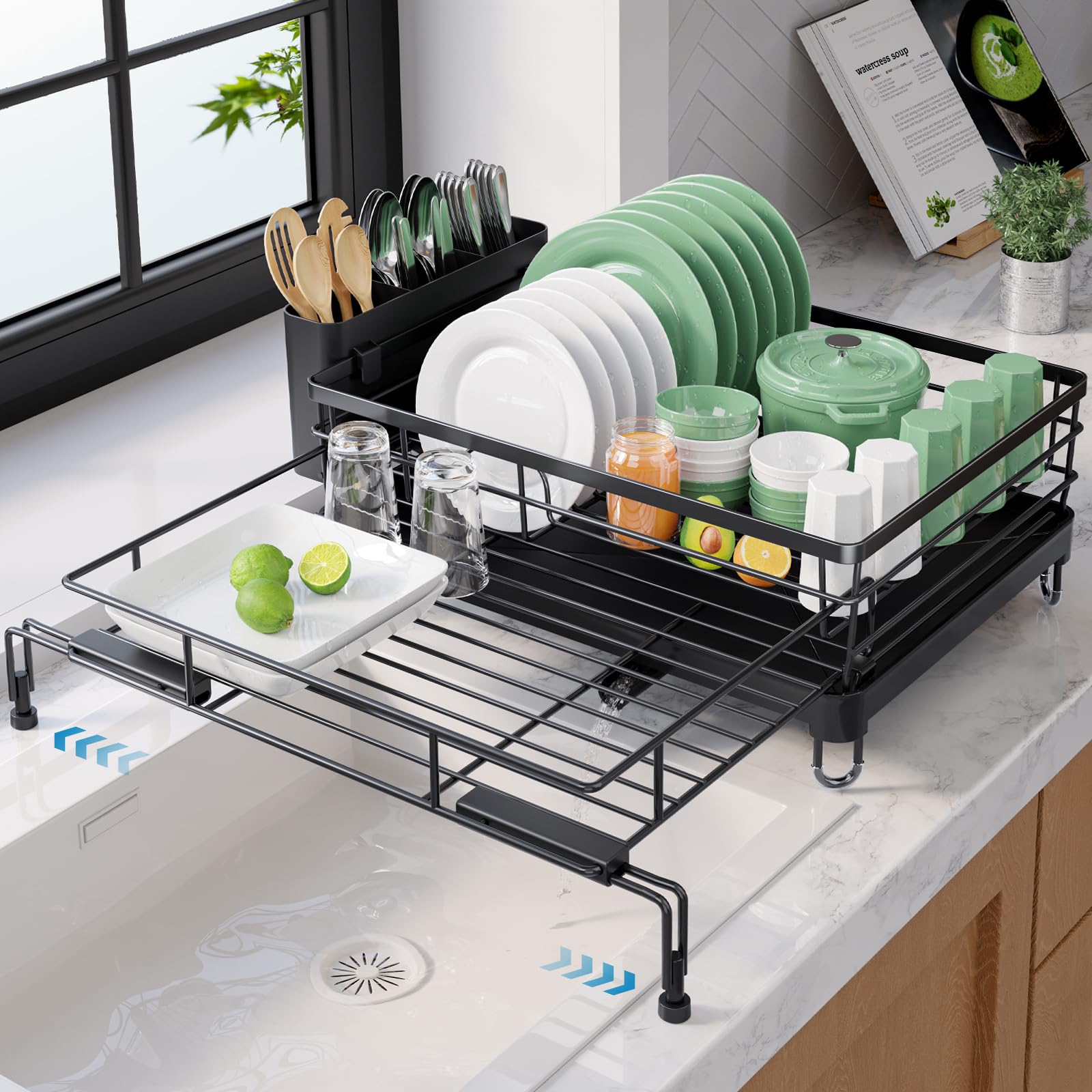 Kitsure Extendable Dish Drying Rack - Rust-Resistant Dish Racks for Kitchen Counter with Adjustable Support Legs, Cutlery Holder