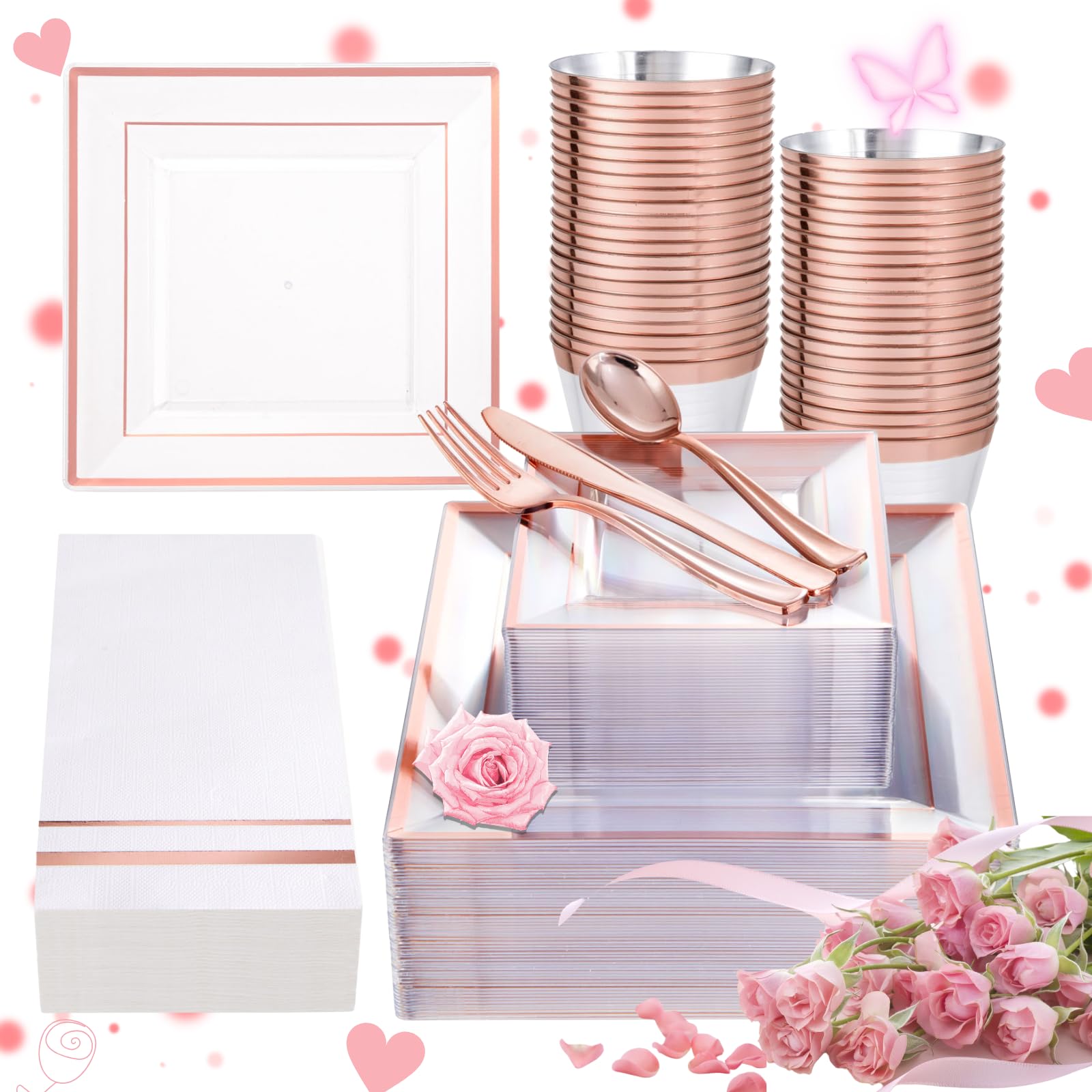 Festiva 350Pcs Rose Gold Plastic Plates - Clear Rose Gold Disposable Dinnerware Sets For 50Guests Include 100 Plates 50 Cups 50P