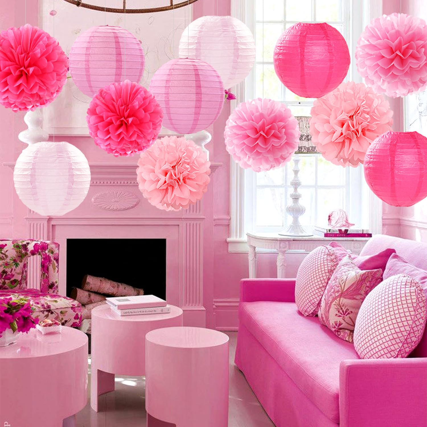 Light-Hot Pink Party-Decorations Paper-Flowers Lanterns- 15Pcs Graduation Girl Birthday Decor Tissue Pom Poms Streamers, Bridal