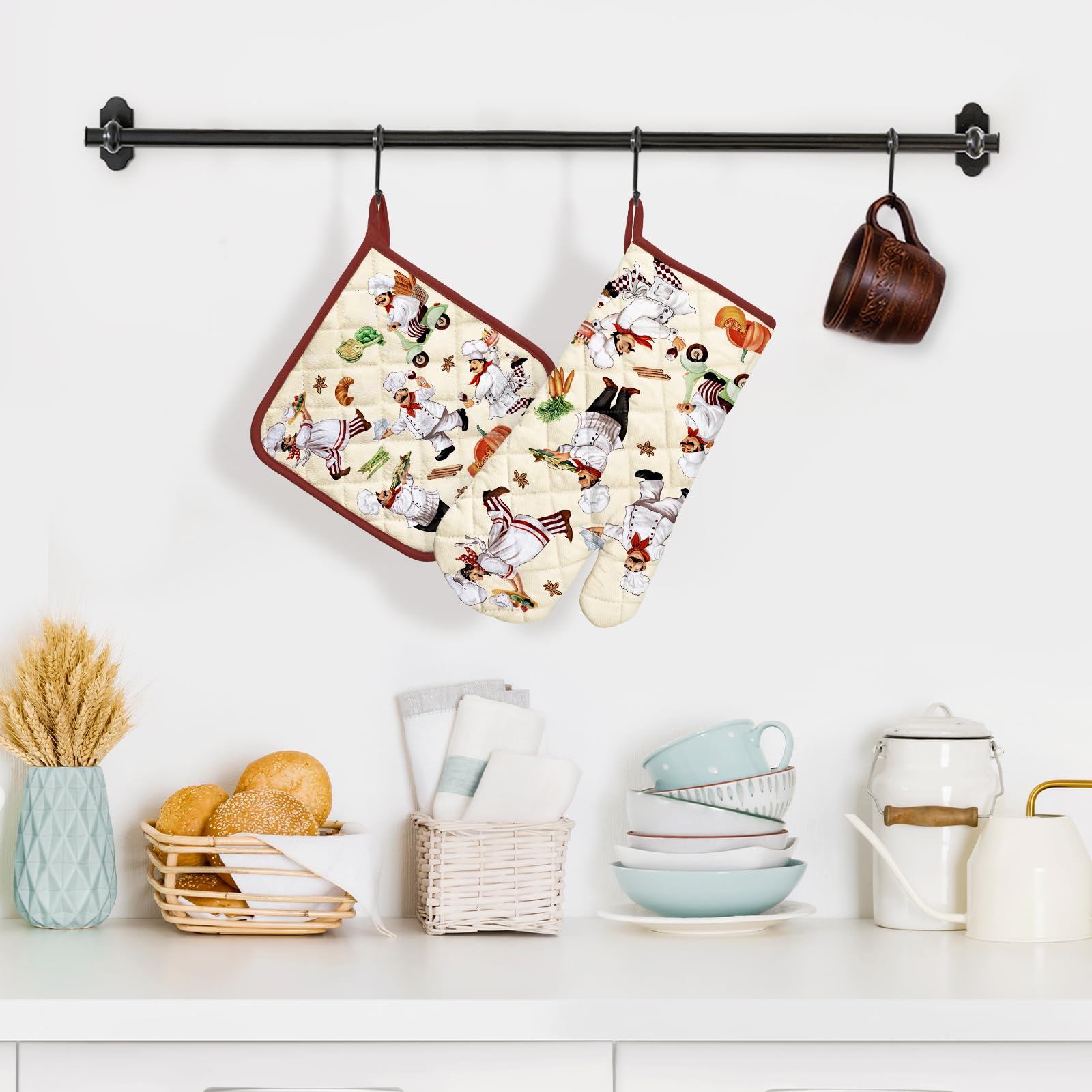 Arquiel Chef Oven Mitts And Pot Holders Sets 2Pcs, 100% Cotton Heat Resistant, Extra Long Oven Gloves Potholder For Kitchen Cook