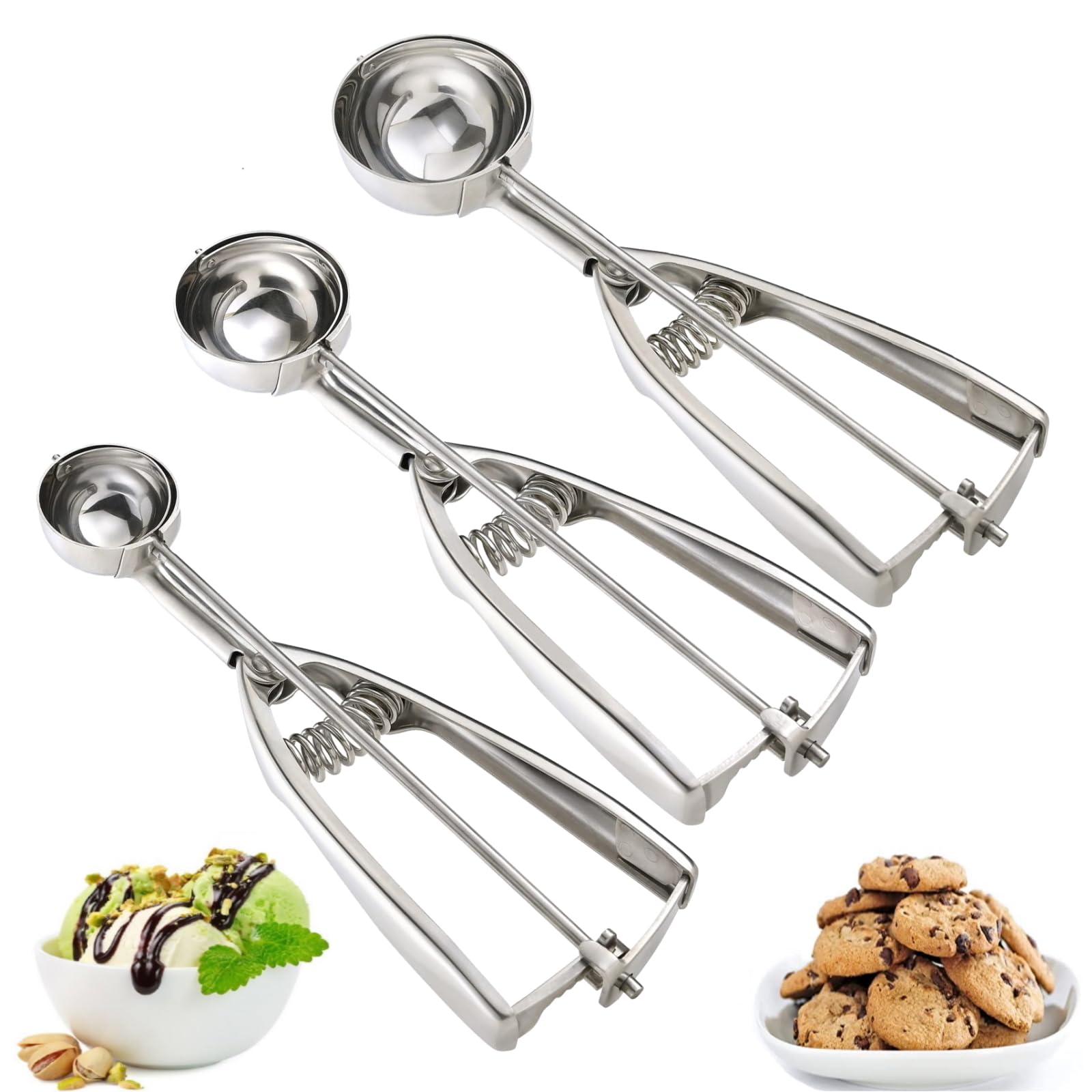 Ice Cream Scoop, 3Pcs Cookie Scoop Set, 18/8 Stainless Steel Cookie Dough Scoop, Cookie Scoops For Baking Set Of 3, Ice Cream Sc