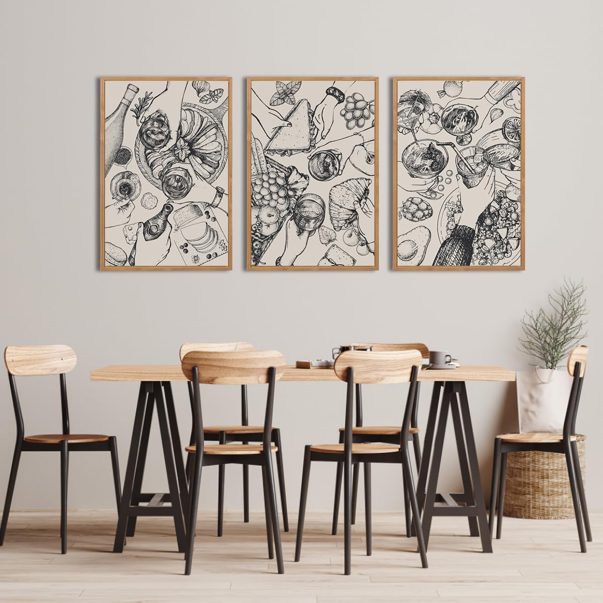 Bincue Framed Food Wood Wall Art Set Of Three Modern Cheers Kitchen Wall Decor Abstract Friends Party Art Print For Kitchen Dini