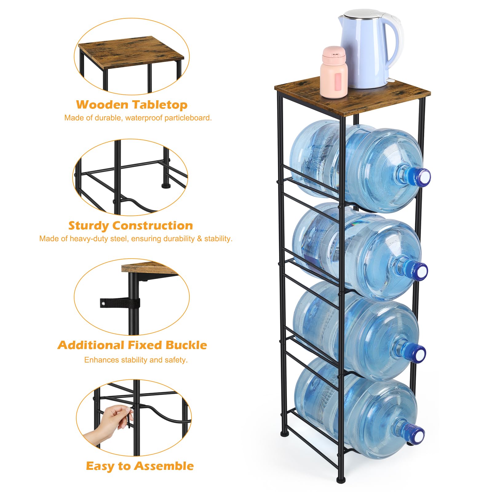 Vrisa 5 Gallon Water Jug Holder 4-Tier Water Bottle Holder Water Jug Stand With Storage Shelf Water Gallon Rack Organizer For Ho