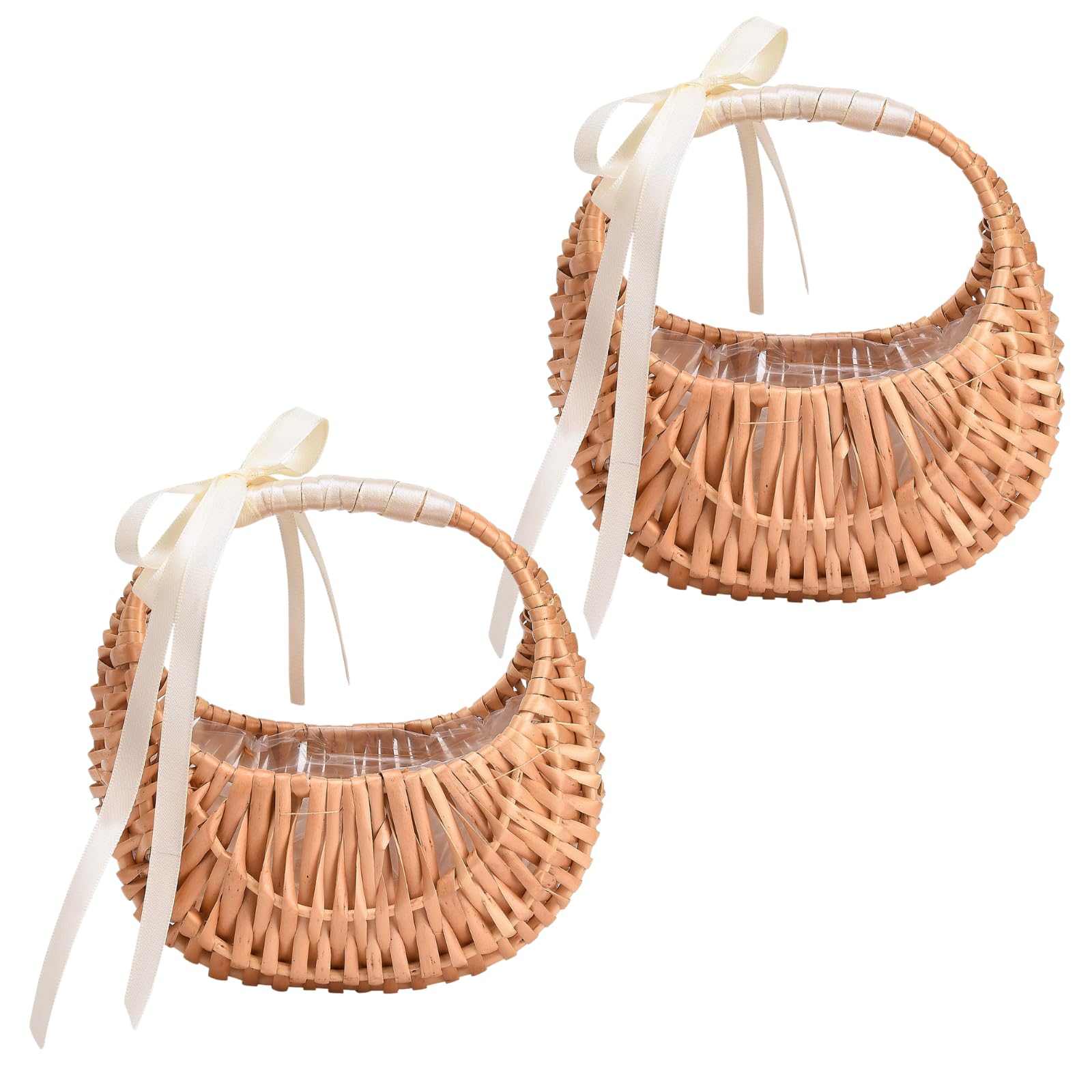 2 PCS Wicker Rattan Flower Baskets Small Half Moon Wicker Basket with Handle and Ribbons Wedding Flower Girl Straw Basket Willow