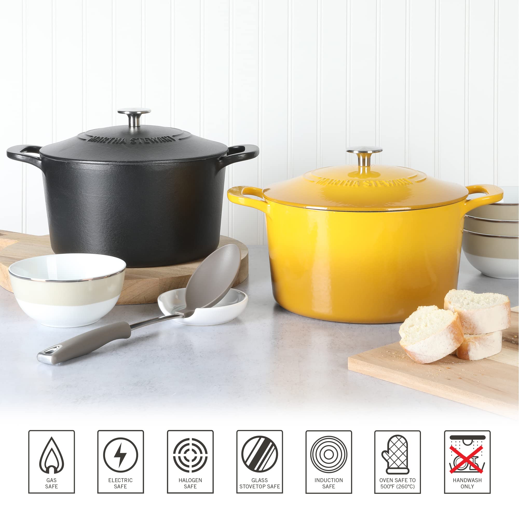 Martha Stewart 7 QT Enamel Cast Iron Dutch Oven, Matte Black, Model 97291.02R, Durable Cookware for Versatile Cooking