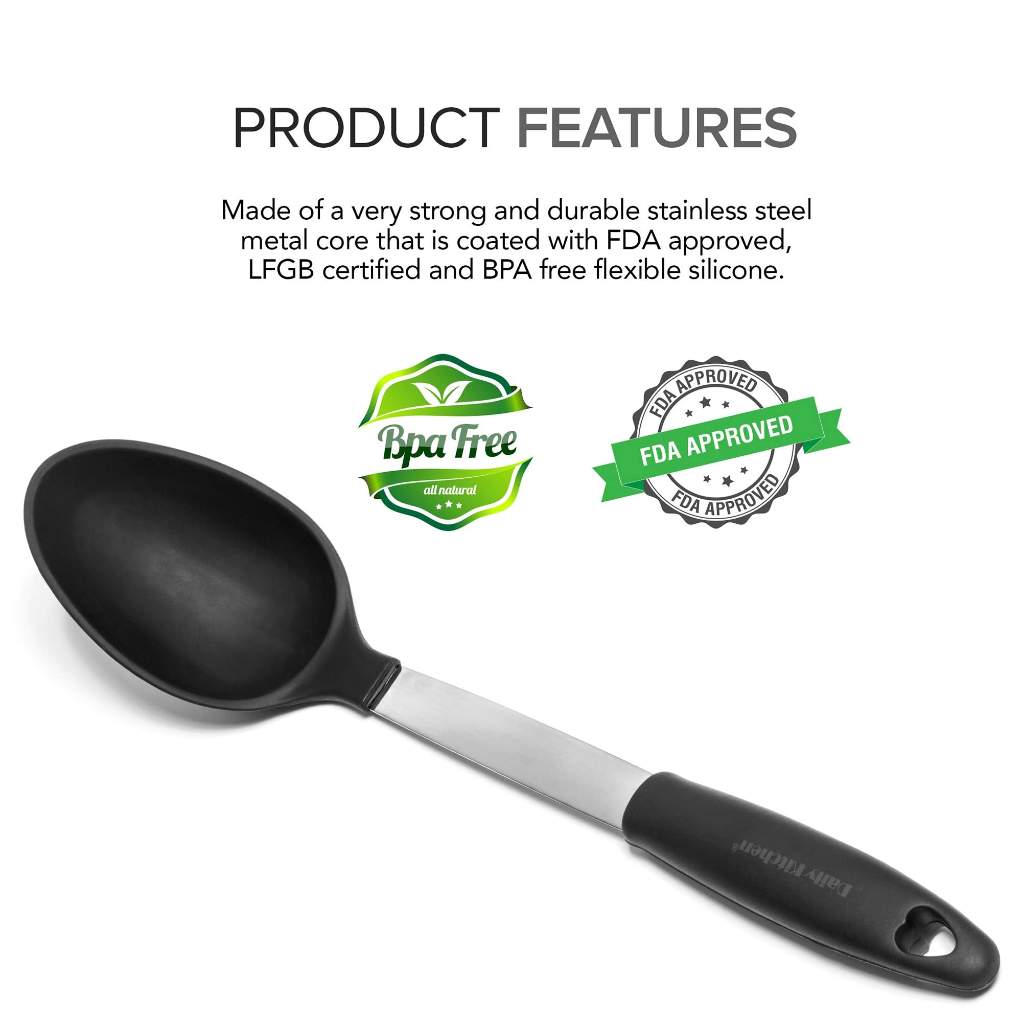 Daily Kitchen Cooking Spoons Set Heat Resistant Silicone And Stainless Steel Metal - Serving Spoon With Rubber Grip - Flexible S