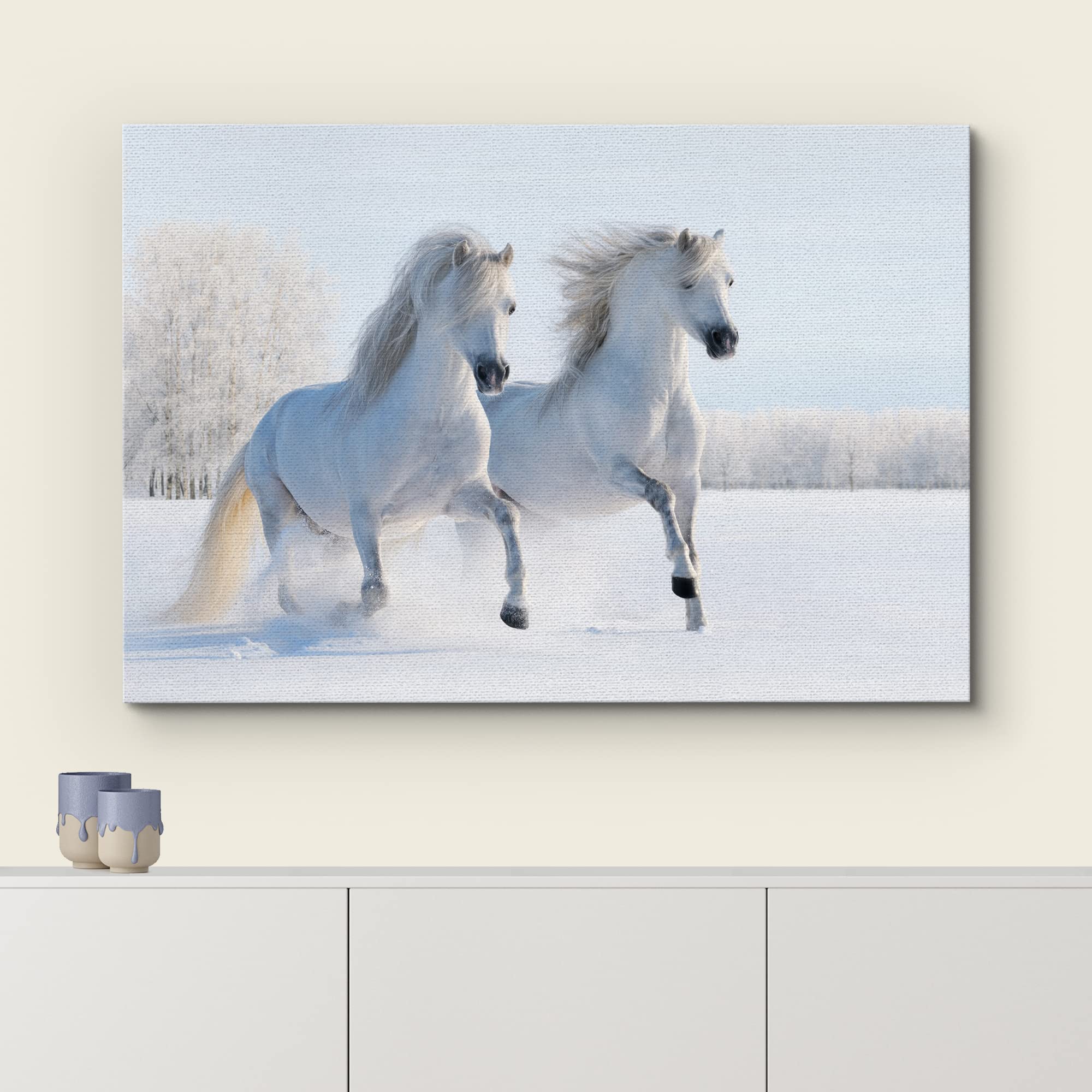 Wall26 Canvas Print Wall Art Duo Of White Stallion In Snowy Winter Forest Field Animals Wildlife Photography Realism Rustic Scen