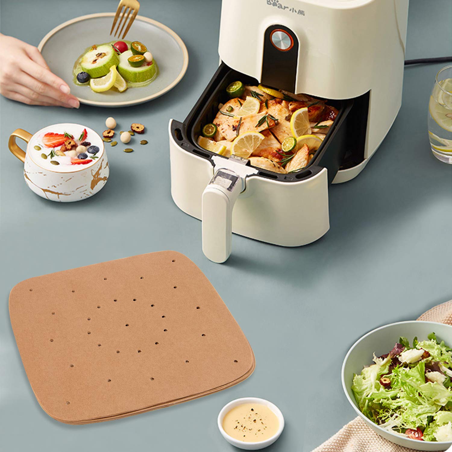 Janyun 150Pcs 8.5 Inch Air Fryer Parchment Liners Papers Accessories, Square Bamboo Steamer Papers Sheets