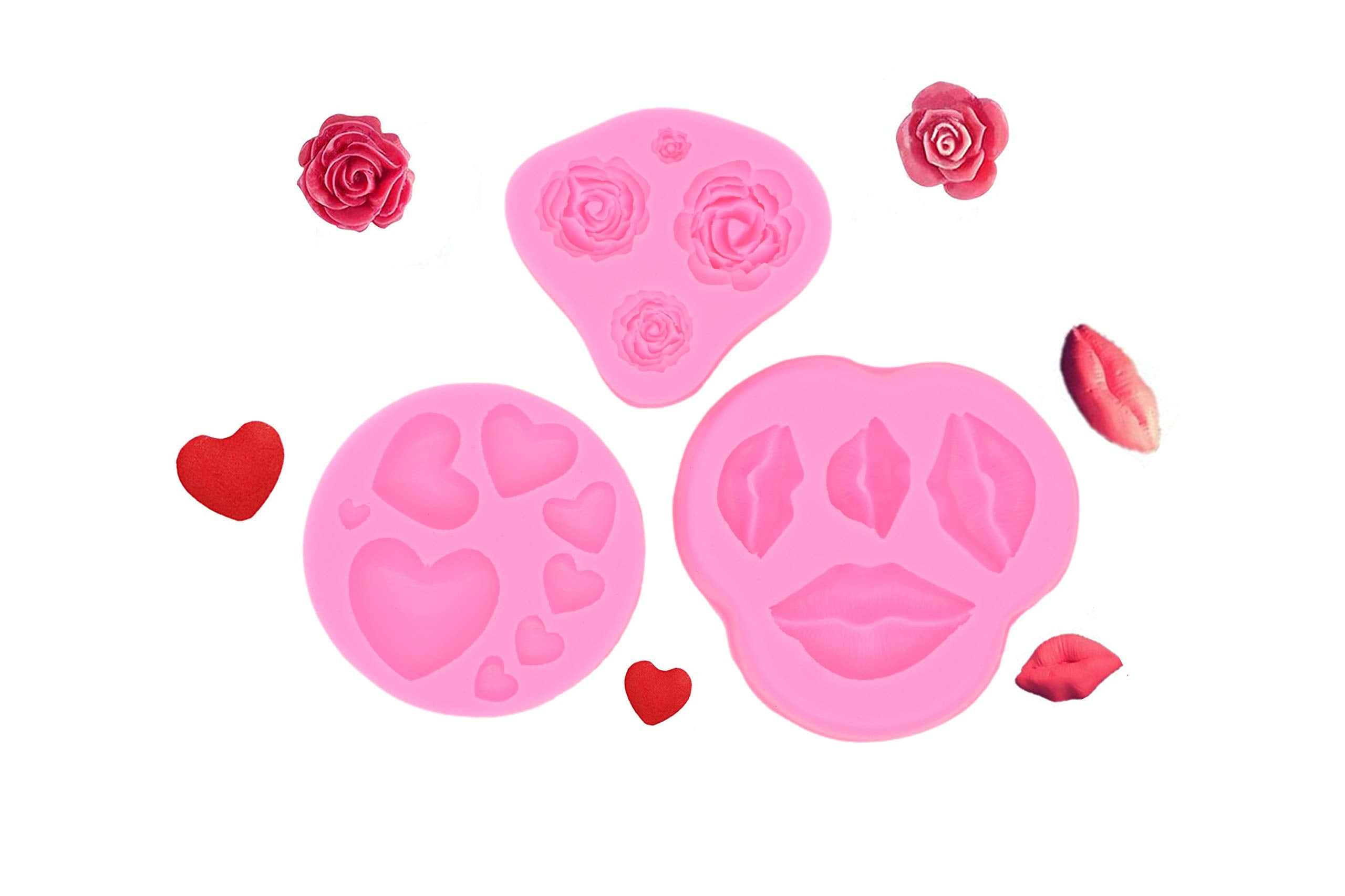 Feilibay 3 Pack Silicone Fondant Cake Molds, Rose Flower, Lips, Heart Shape Candy Molds Set For Chocolate Making, Cake, Valentin