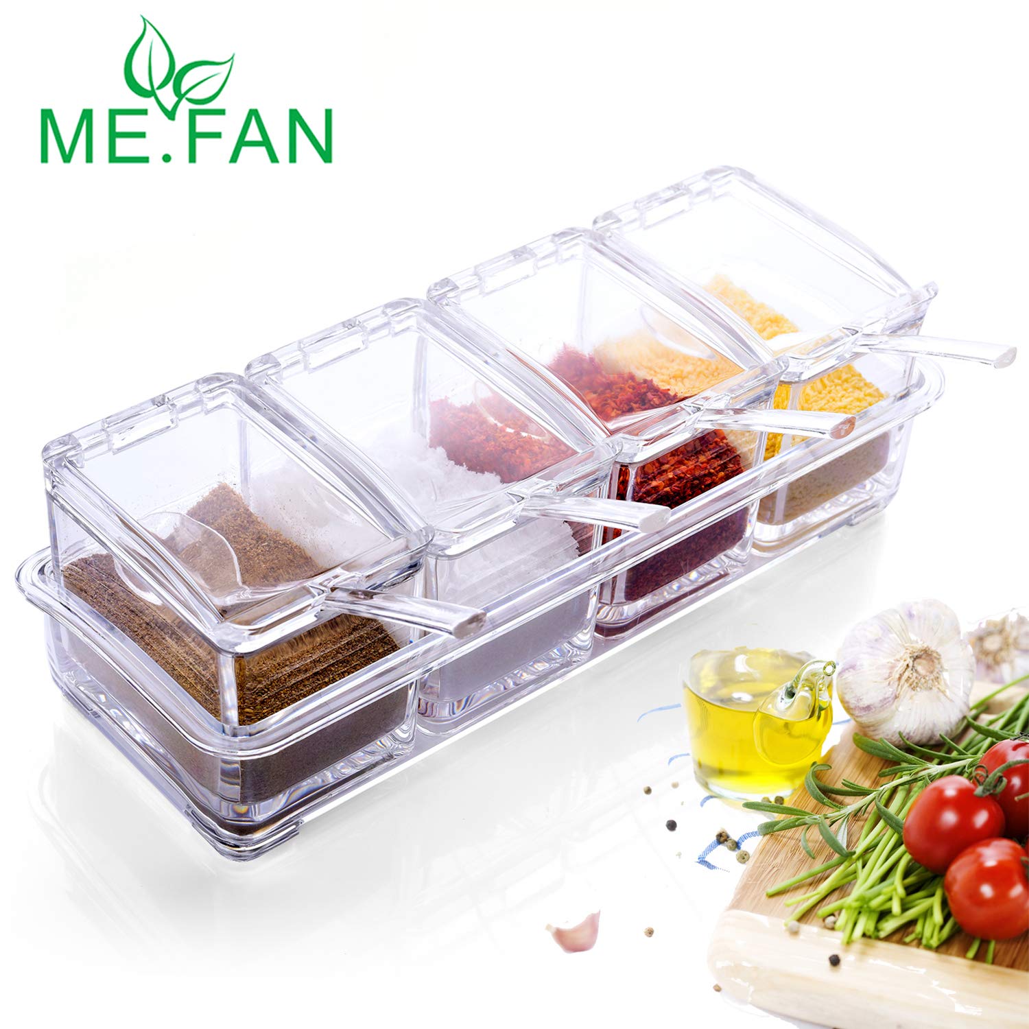 ME.FAN Clear Seasoning Rack Spice Pots - 4 Piece Acrylic Seasoning Box - Storage Container Condiment Jars - Cruet with Cover and
