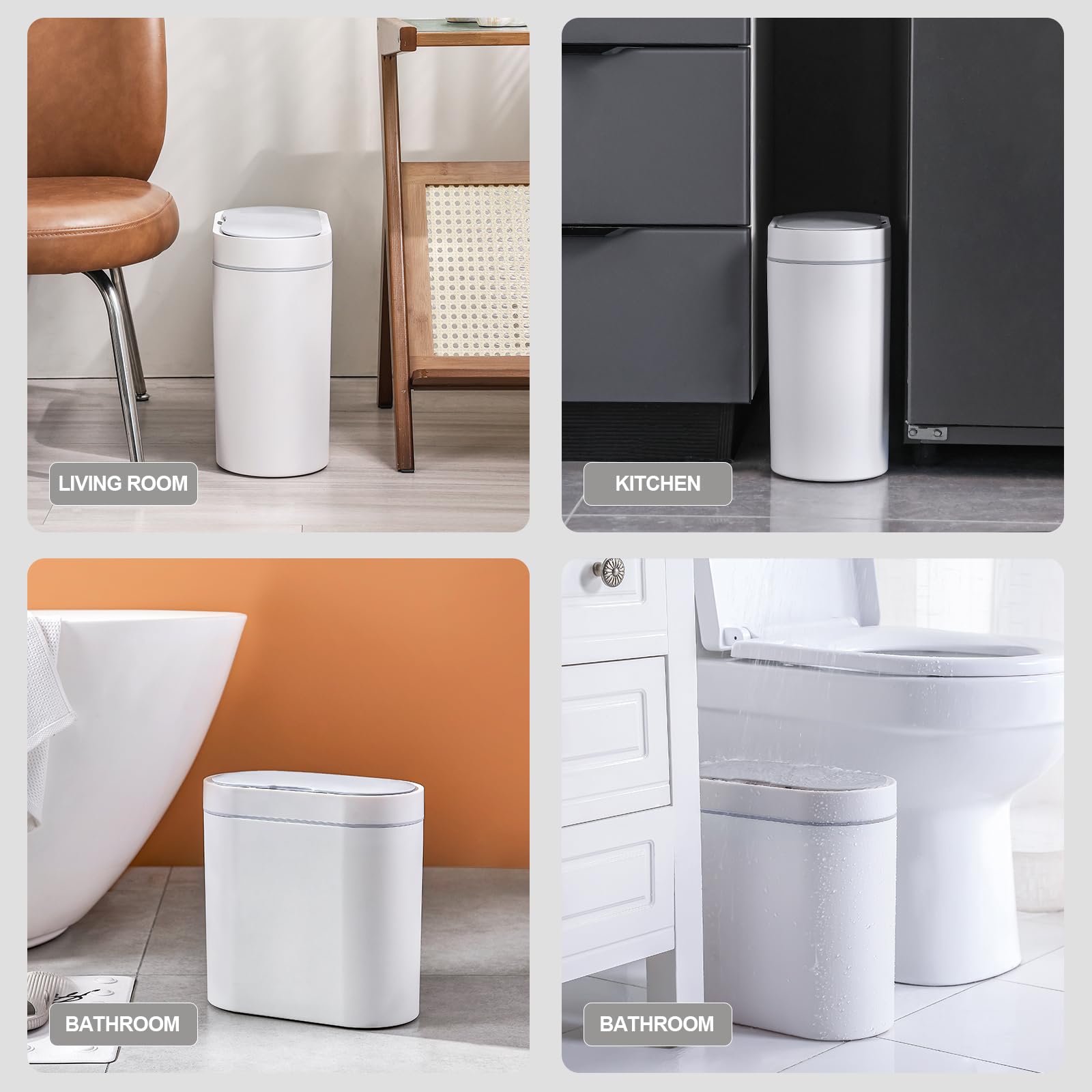 Elpheco 2 Pack Bathroom Motion Sensor Trash Can 2.5 Gallon + 2 Gallon Automatic Garbage Can, Slim Plastic Smart Trash Bin With L