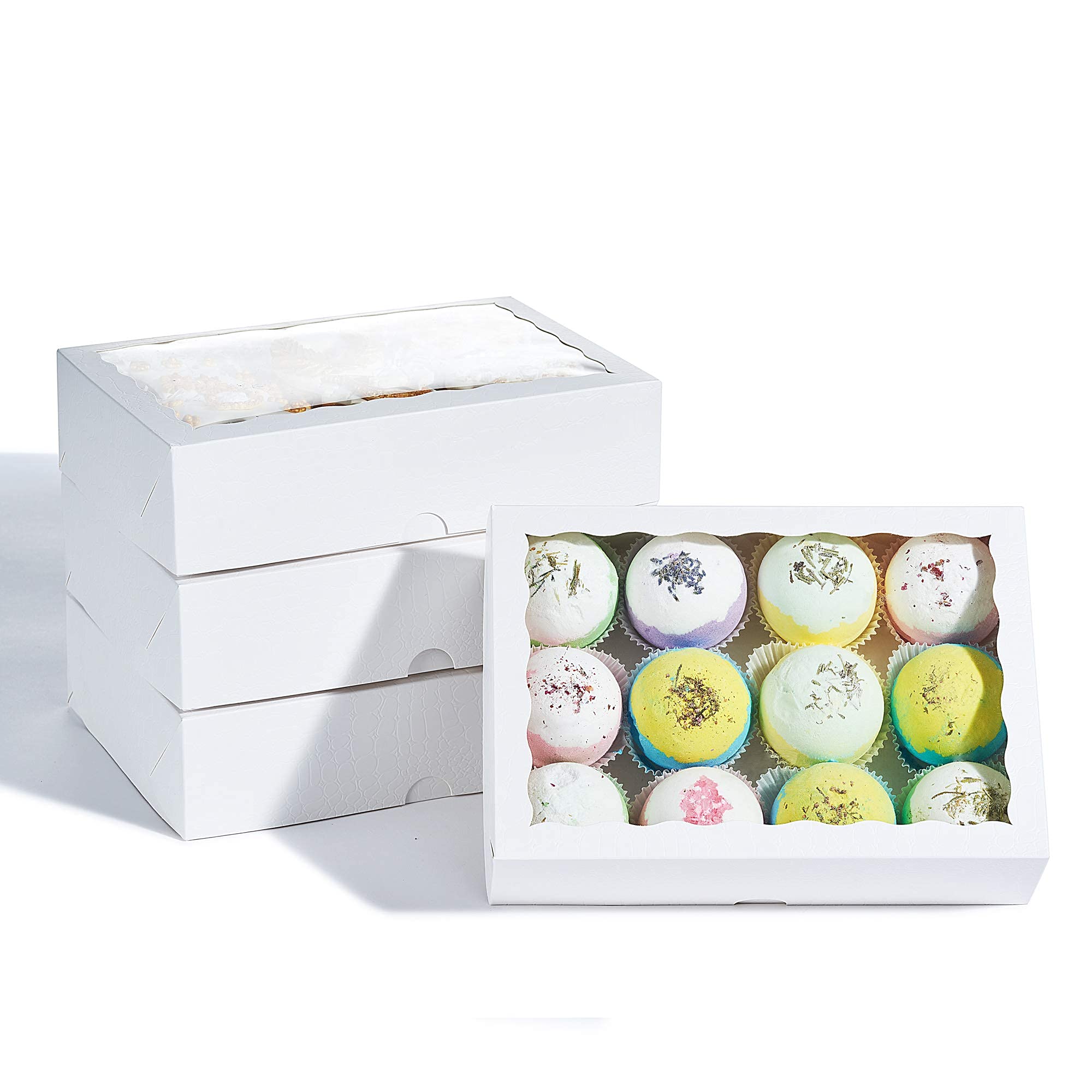 Jcxpack 50Pcs 10 X 7 X 2.5 Inches One Piece White Bakery Boxes, Strawberry Boxes, Elegant White Cookie Boxes With Display Window