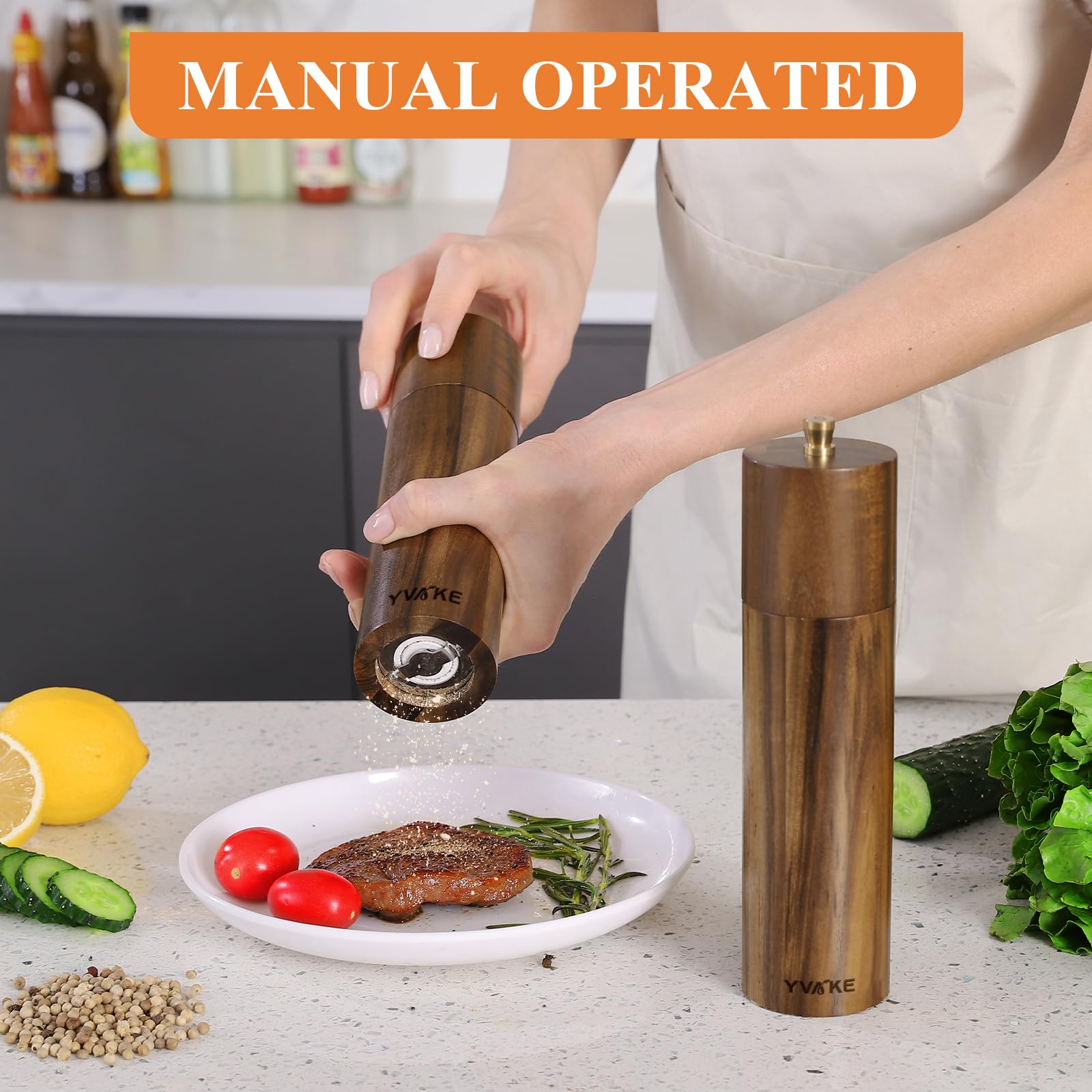 Yvake Wooden Salt And Pepper Grinder Set,8 Inch Manual Salt And Pepper Mill, Adjustable Coarseness And Refillable,Acacia Wood Pe