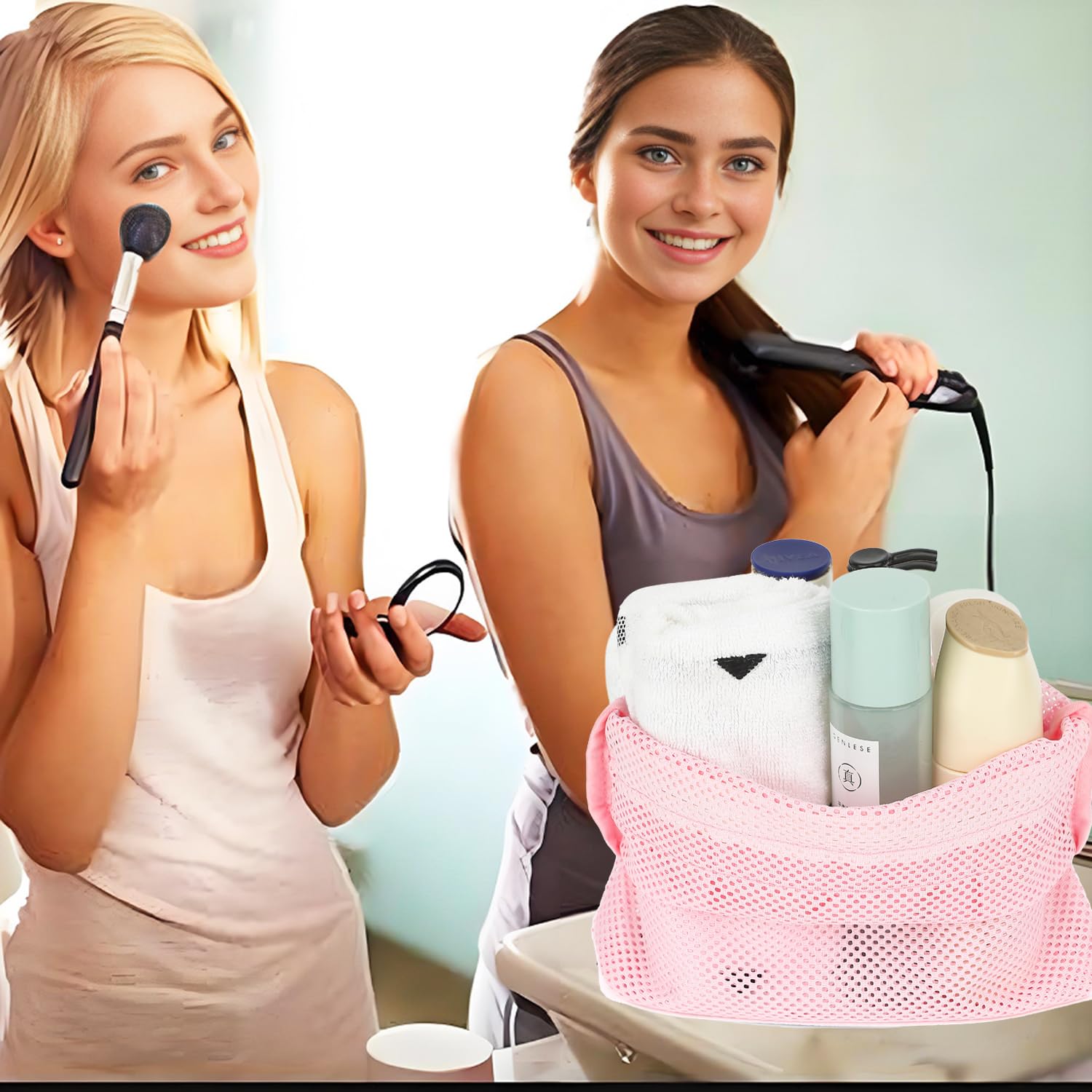 Fammart Mesh Shower Caddy Portable With Zipper & 2 Pockets - Quick Dry Shower Caddy Hanging For Travel Gym Camp Beach - Shower O