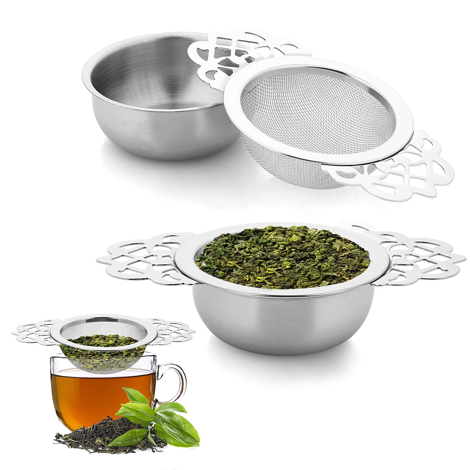 2 Pack Small Fine Mesh Tea Strainers With Bowl, Stainless Steel Loose Tea Infusers Strainers 7 Cm Diameter Tea Filter With Doubl