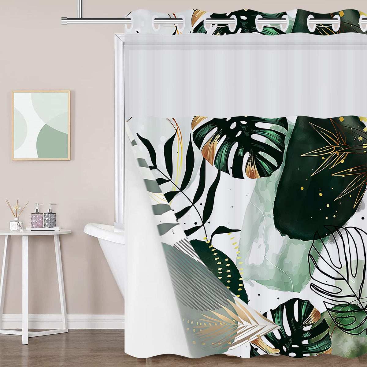 Rezaymrs Spring Floral 3 In 1 Shower Curtain No Hooks, 71X74 Inch Waterproof Washable, Polyester Snap In Fabric, Sheer Top Windo