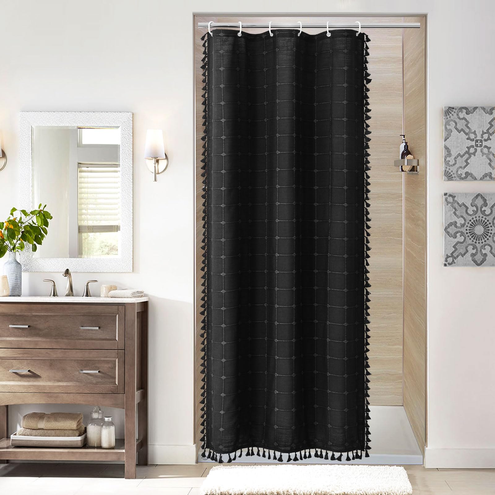 Mitovilla Black Boho Small Stall Shower Curtain Set 36 X 72, Farmhouse Narrow Cotton Linen Fabric Shower Curtains For Bathroom D