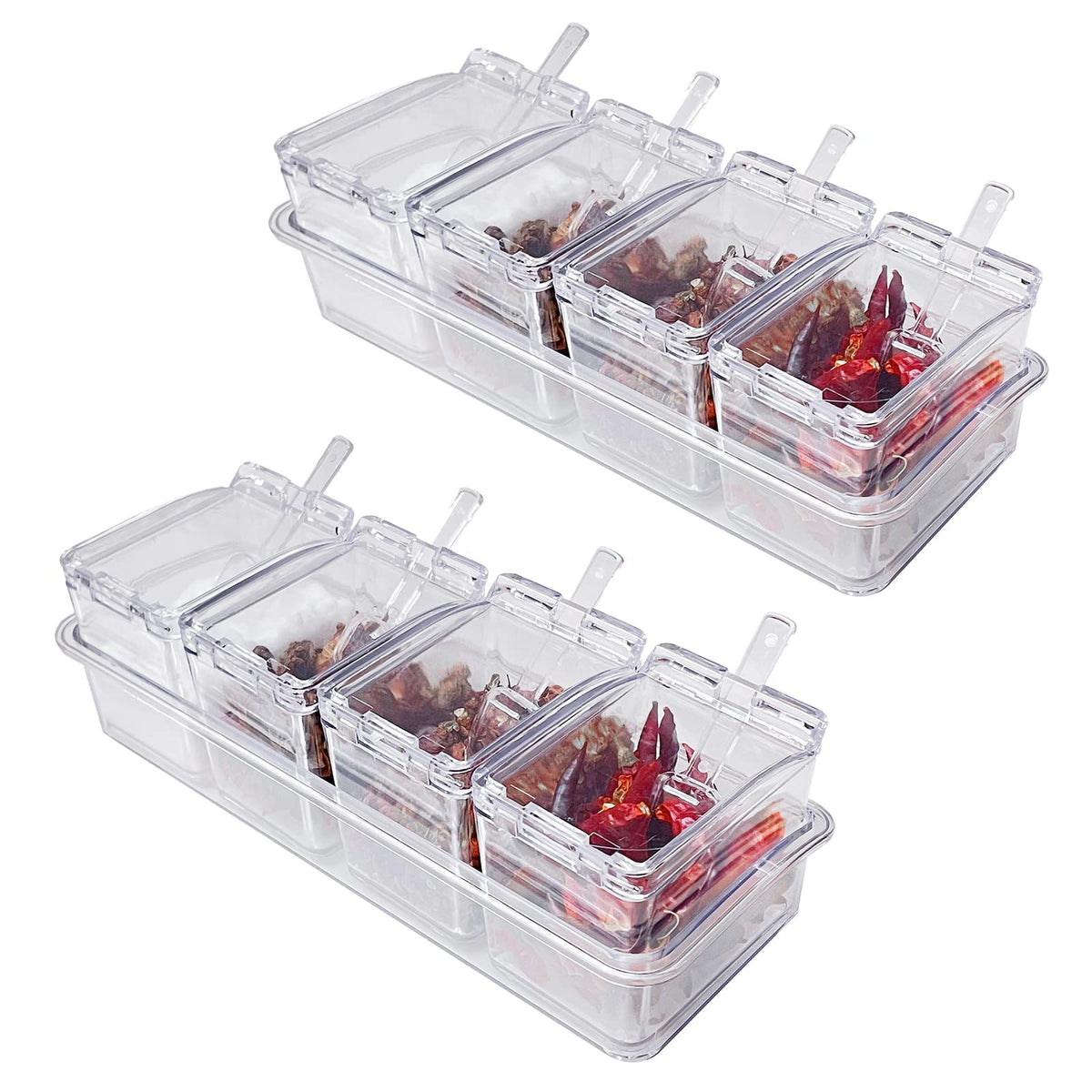 XINGWANG 2 Pieces of Kitchen Transparent Seasoning Box, Spice Jar, Plastic Storage Container, with Lid and Spoon