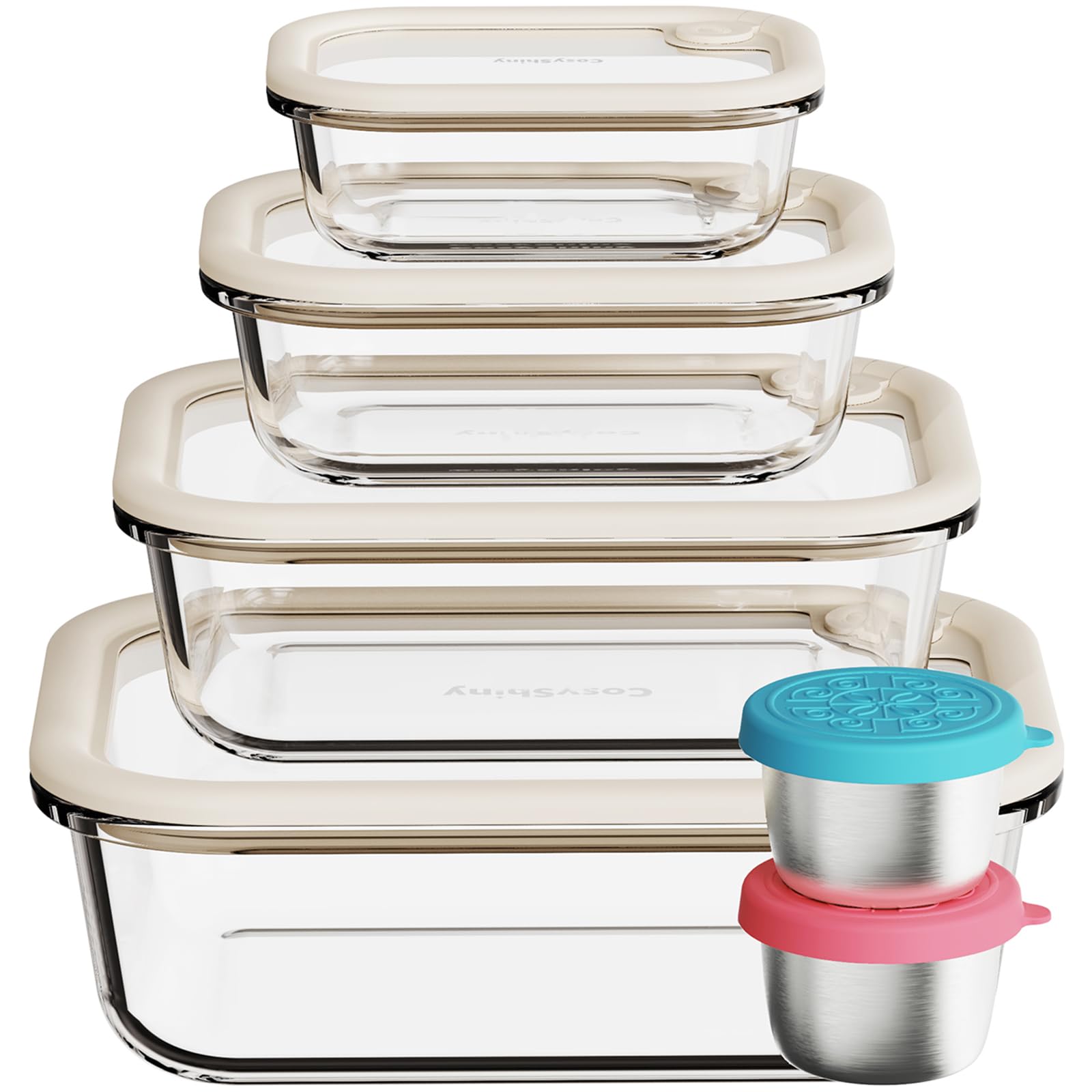 COSYSHINY Glass Food Storage Containers with Silicone Glass Lids, Stainless Steel Salad Dressing Containers, LeakProof Food Cont