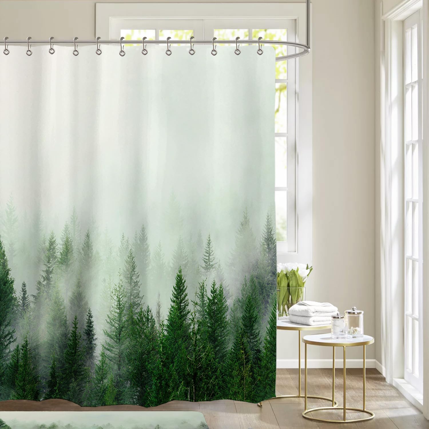 Ortigia Green Misty Forest Shower Curtains,Nature And Woodland Shower Curtain,Fantasy Fog Magic Winter Tree Bath Curtain For Bat