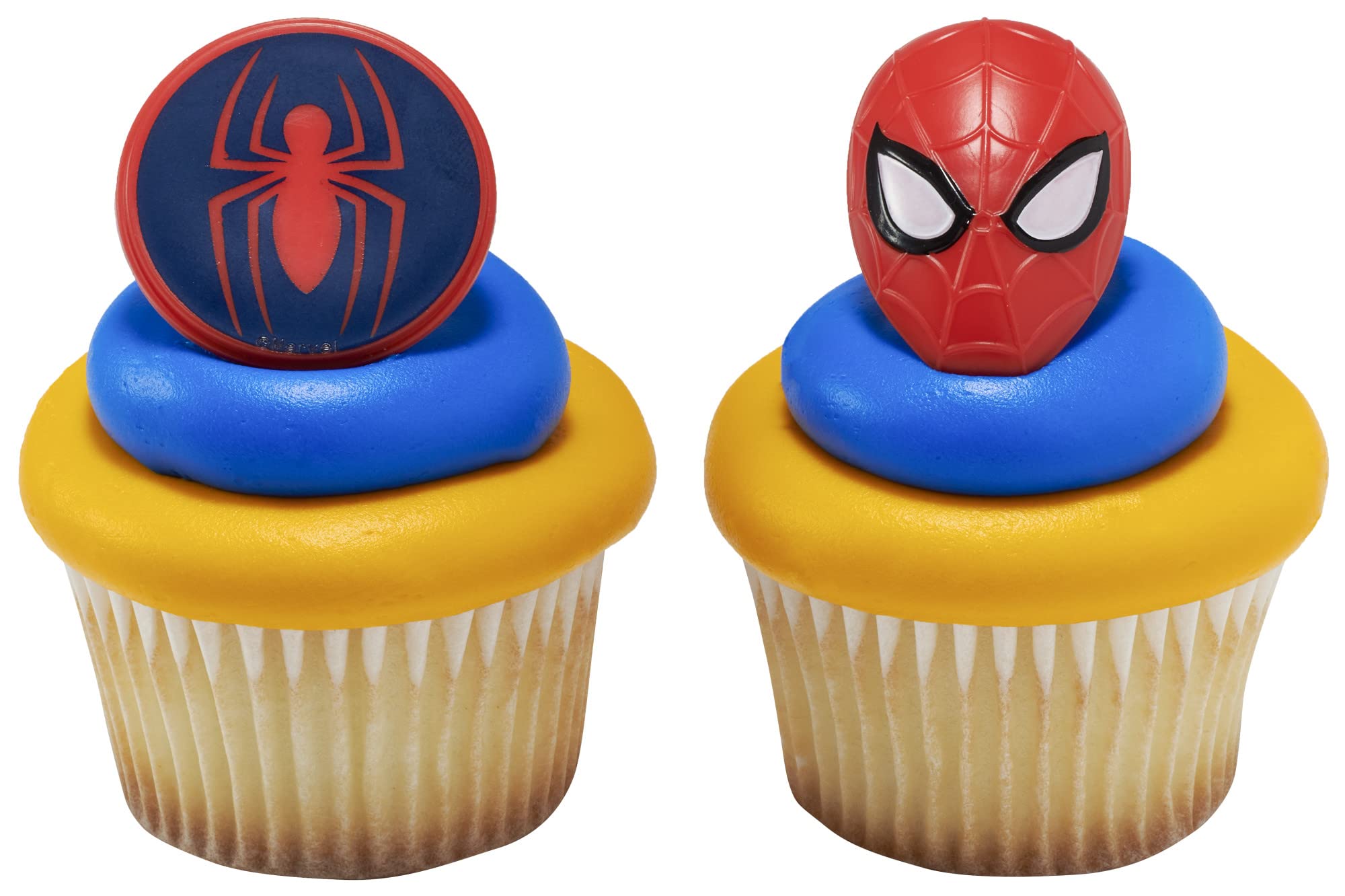 Decopac Marvel'S Spider-Man Spider And Mask Rings, Spider-Man Cupcake Decorations, Red And Blue Food Safe Cake Toppers - 24 Pack