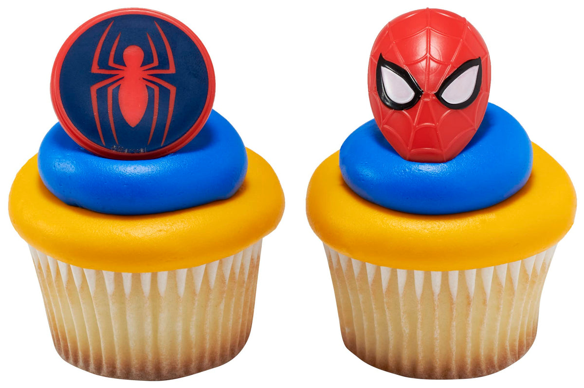 Decopac Marvel'S Spider-Man Spider And Mask Rings, Spider-Man Cupcake Decorations, Red And Blue Food Safe Cake Toppers - 24 Pack