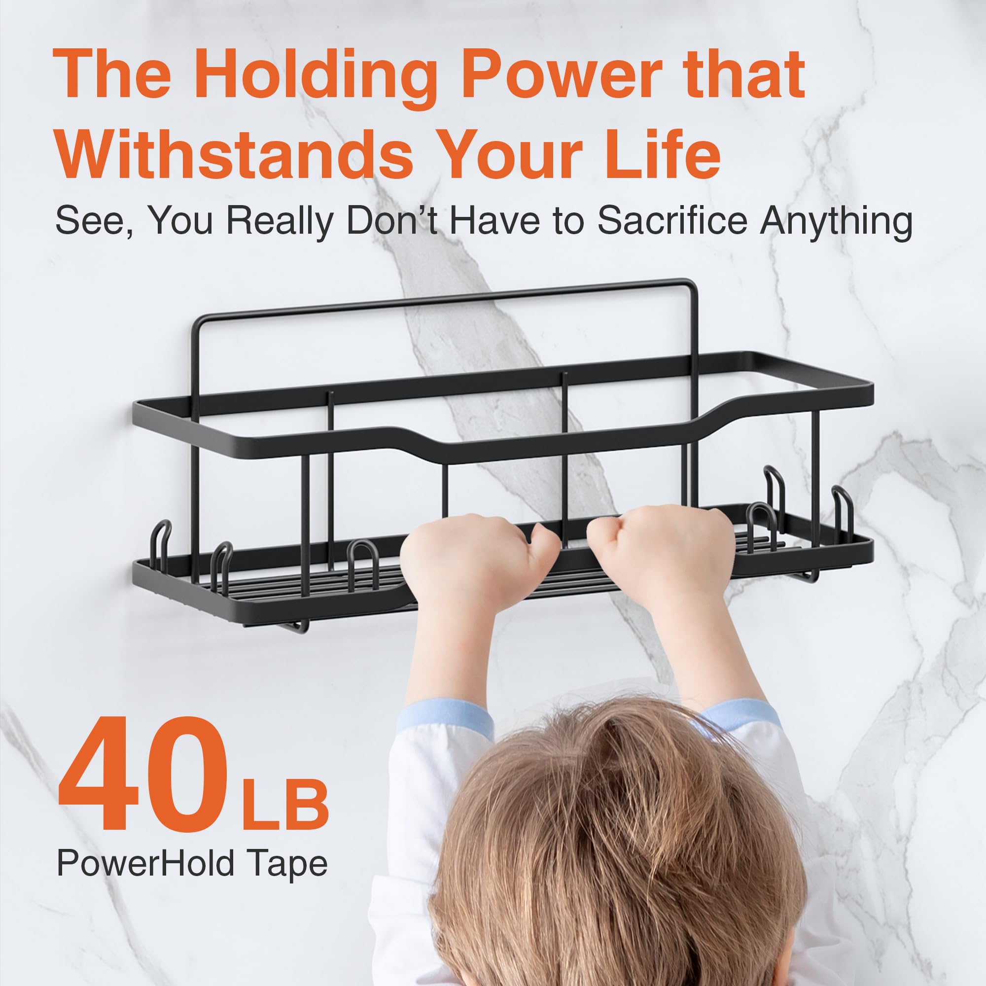 Shower Caddy Bathroom Shelves, The Athena Silken Black 4 Set, 40Lb Capacity, Adhesive Tape - No Drill-Rustproof -Gorgeous Powder