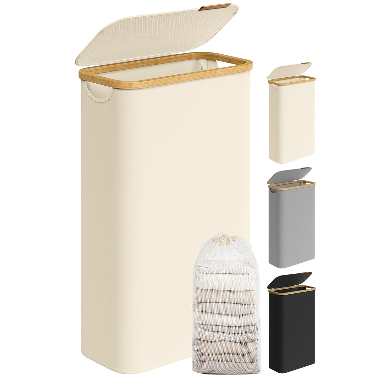 Songmics Laundry Hamper With Lid, Slim Laundry Basket, 17.2 Gallons (65L), Space-Saving, Removable Mesh Liner, Bamboo Handles, C