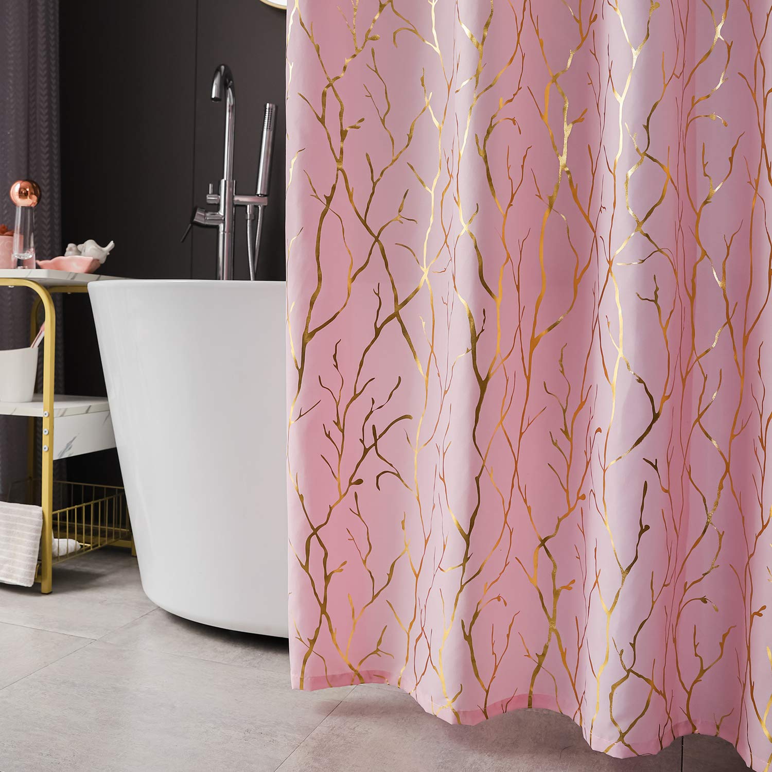 Finecity Tree Fabric Shower Curtain - Metallic Gold Foil Branch Pattern Print Pink Shower Curtain 72 Inch Long, Grommet Shower C