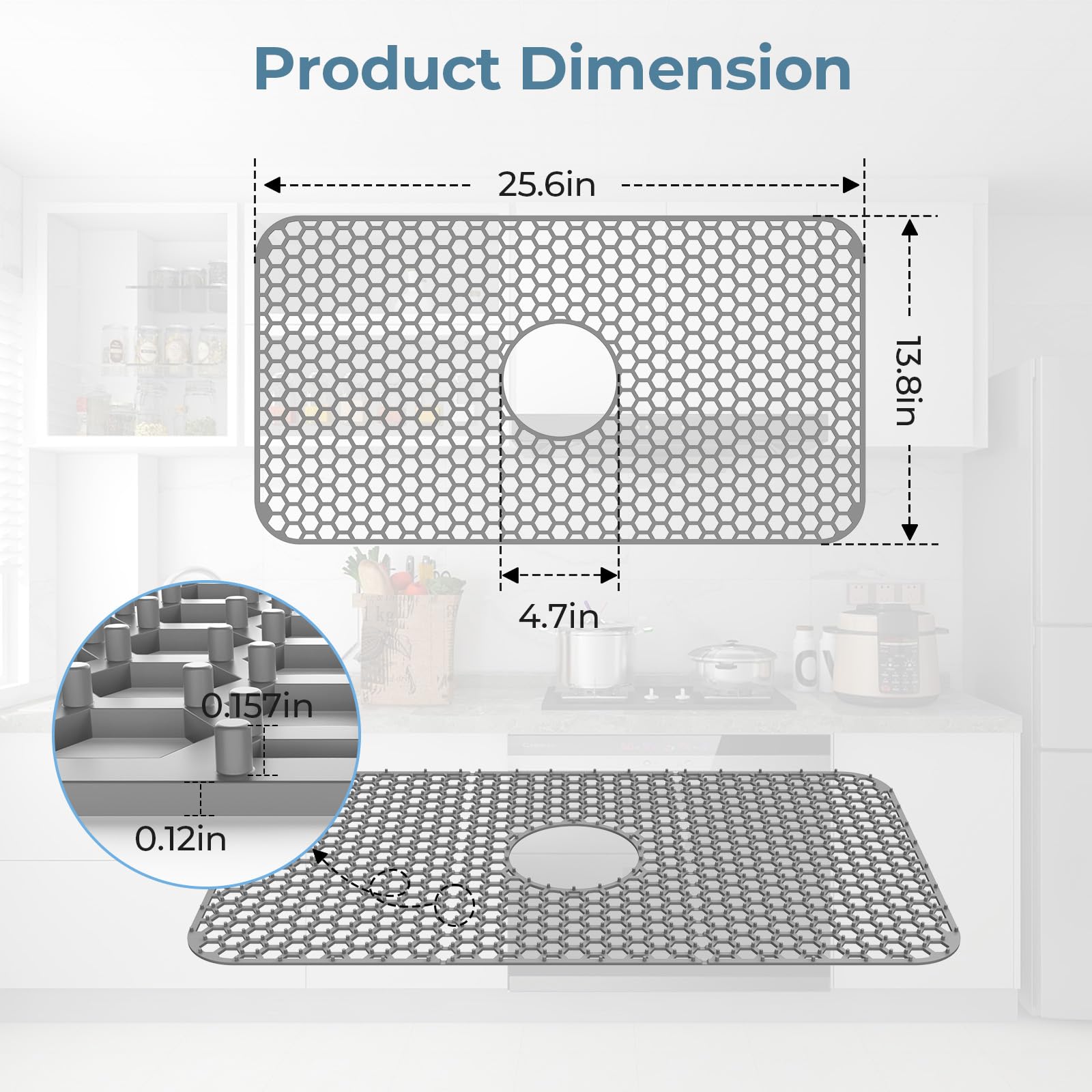 Toovem Silicone Sink Mat, 26 X 14 Inches Sink Protectors For Kitchen Sink With Center Drain, Non Slip, Heat Resistant Flexible S