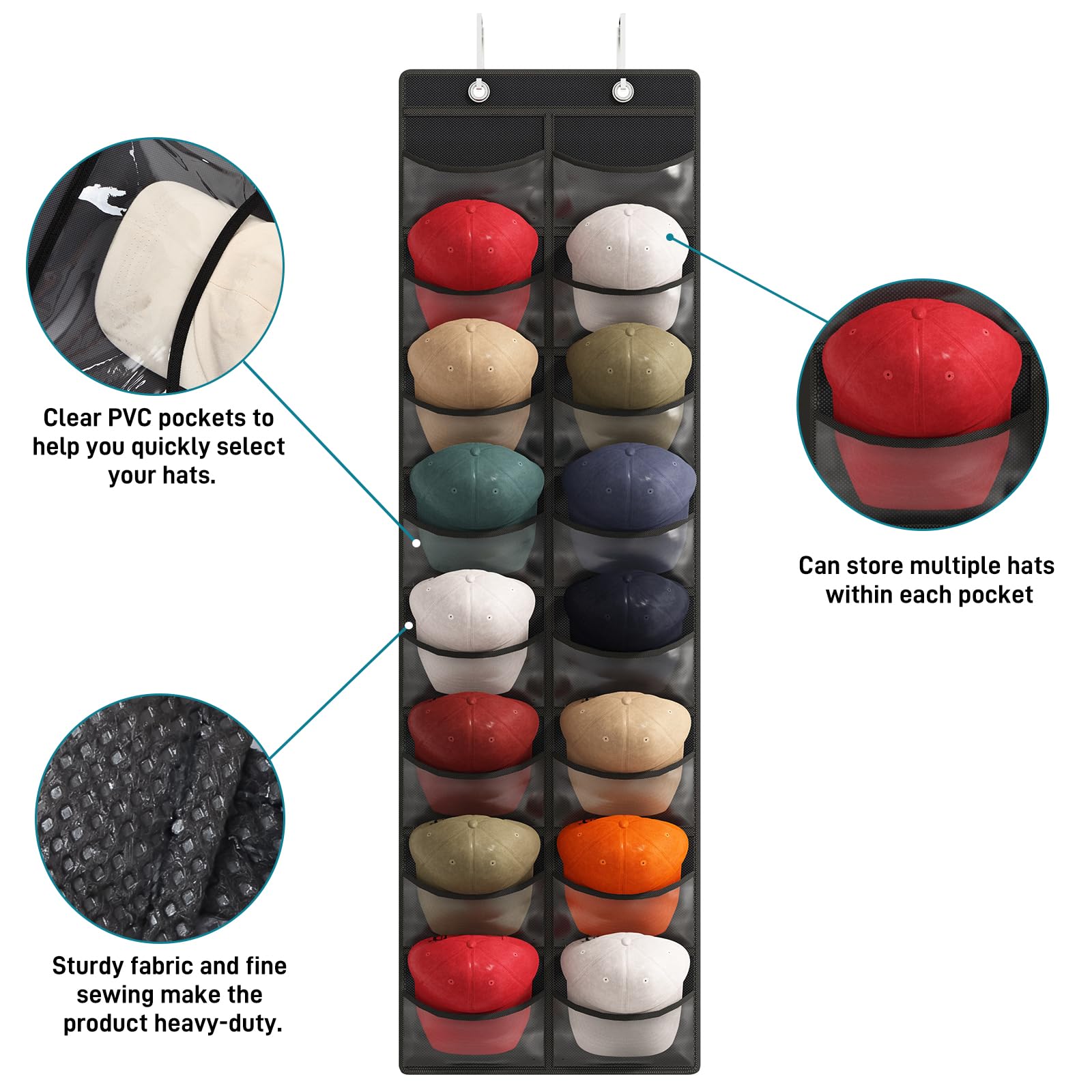 Fixwal Baseball Hat Rack, 16 Pocket Over The Door Cap Organizer Cap Hat Holder Hanger For Closet With Large Clear Pockets & 2 Ho
