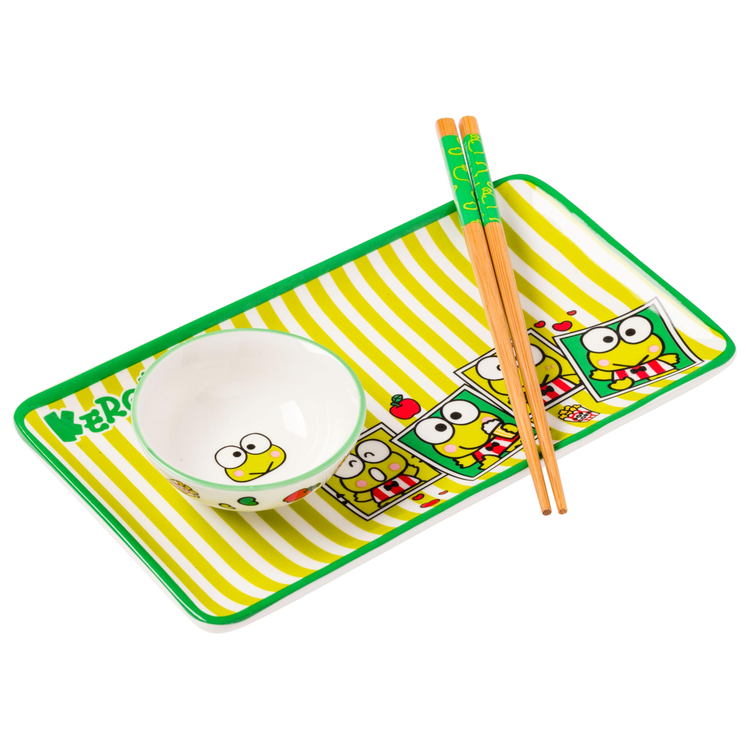 Silver Buffalo Sanrio Hello Kitty and Friends Keroppi Polaroids Green and White Stripes Ceramic Sushi Set with Dipping Sauce Dis