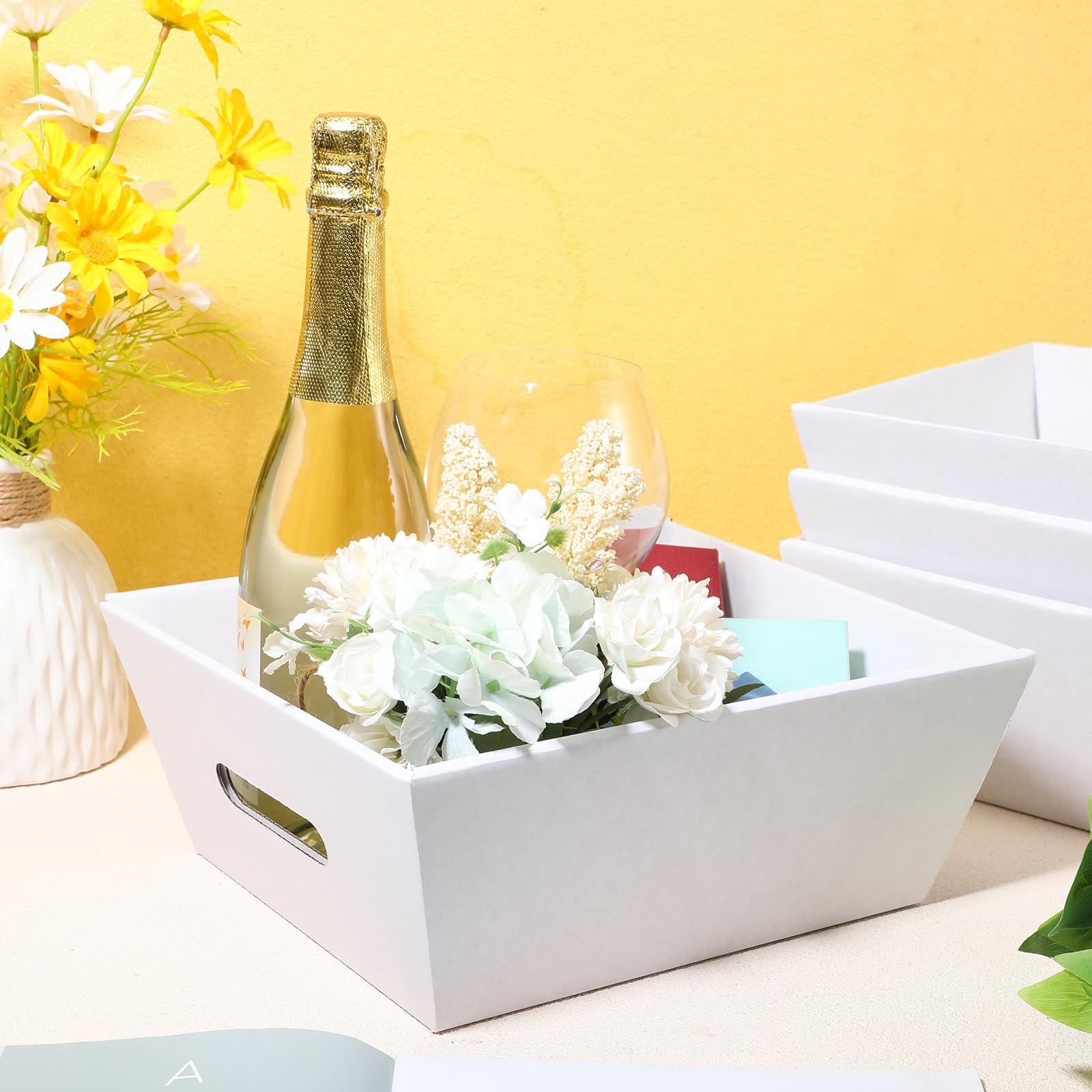 Fainne 16 Pcs Extra Large Empty Baskets for Gifts 12x10 Inch White Cardboard Gifts Baskets Trays with Handles for Christmas Birt