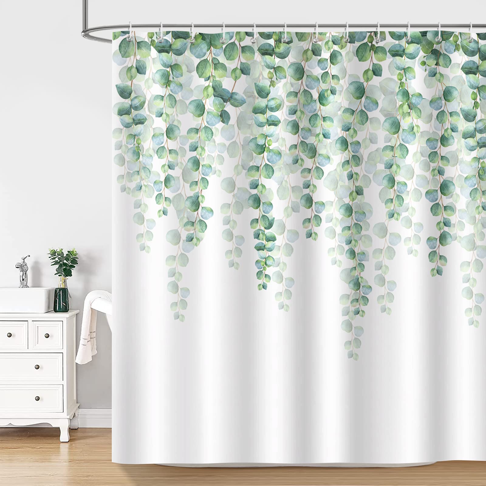 Bonhause Eucalyptus Leaves Shower Curtain for Bathroom Green Leaf Plant Decorative Bath Curtain 72 x 72 Inch Polyester Fabric Waterproof Bathroom Curtain with 12 Hooks