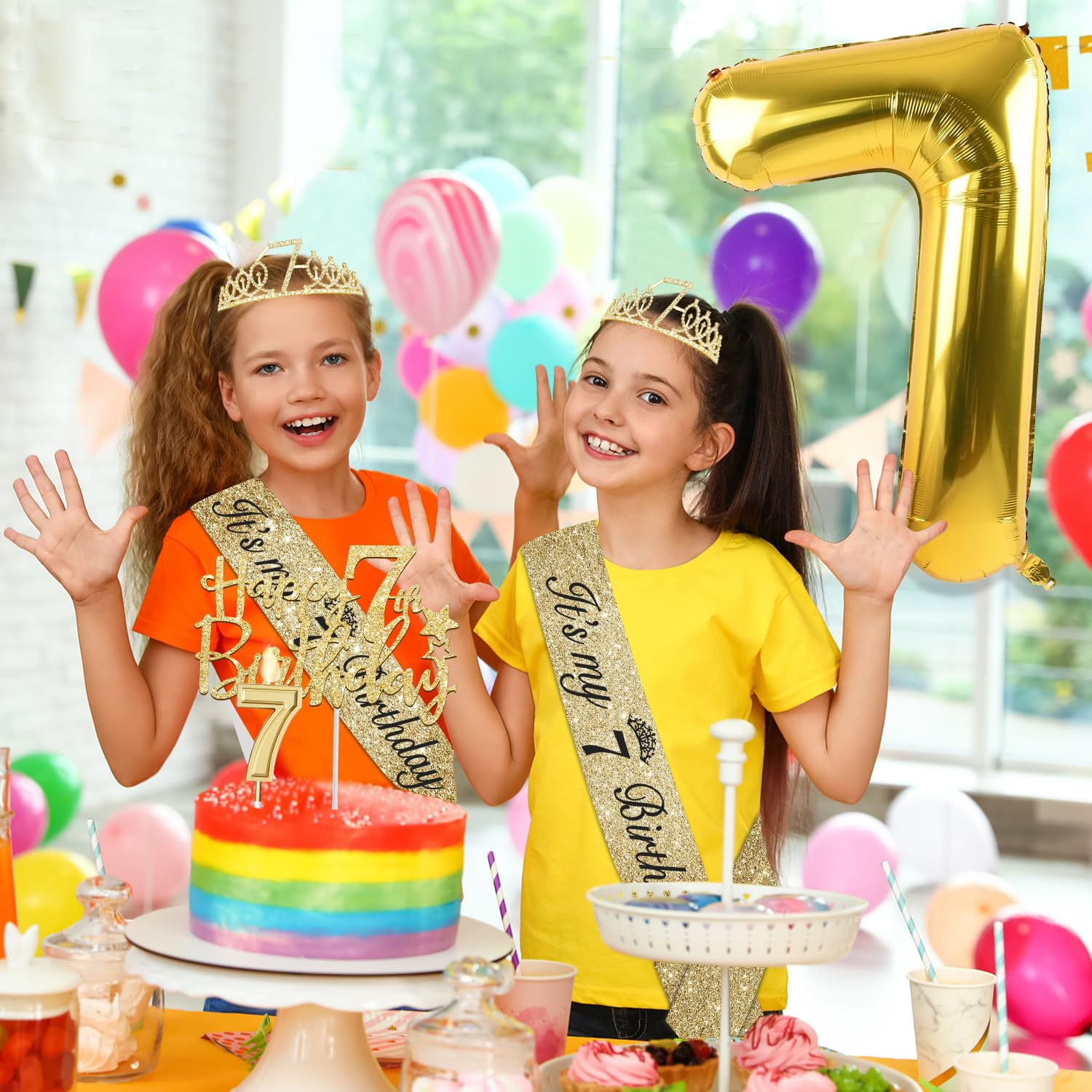 7th Birthday Decorations for Girl with 7th Birthday Girl Sash and Tiara, Candles and Cake Topper, Number Balloons, 7 Year Old Gi