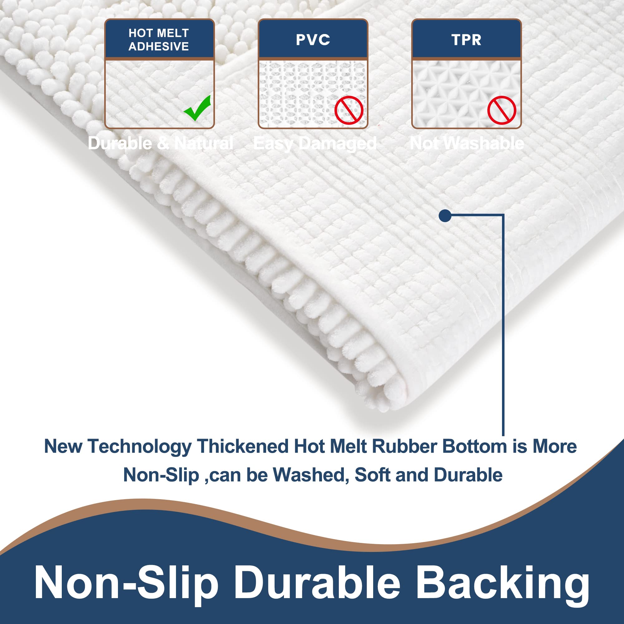 Floleopa Non Slip Thick Shaggy Chenille White Bathroom Rug Sets 2 Piece, Thickened Hot Melt Rubber Bottom Bath Mats For Bathroom