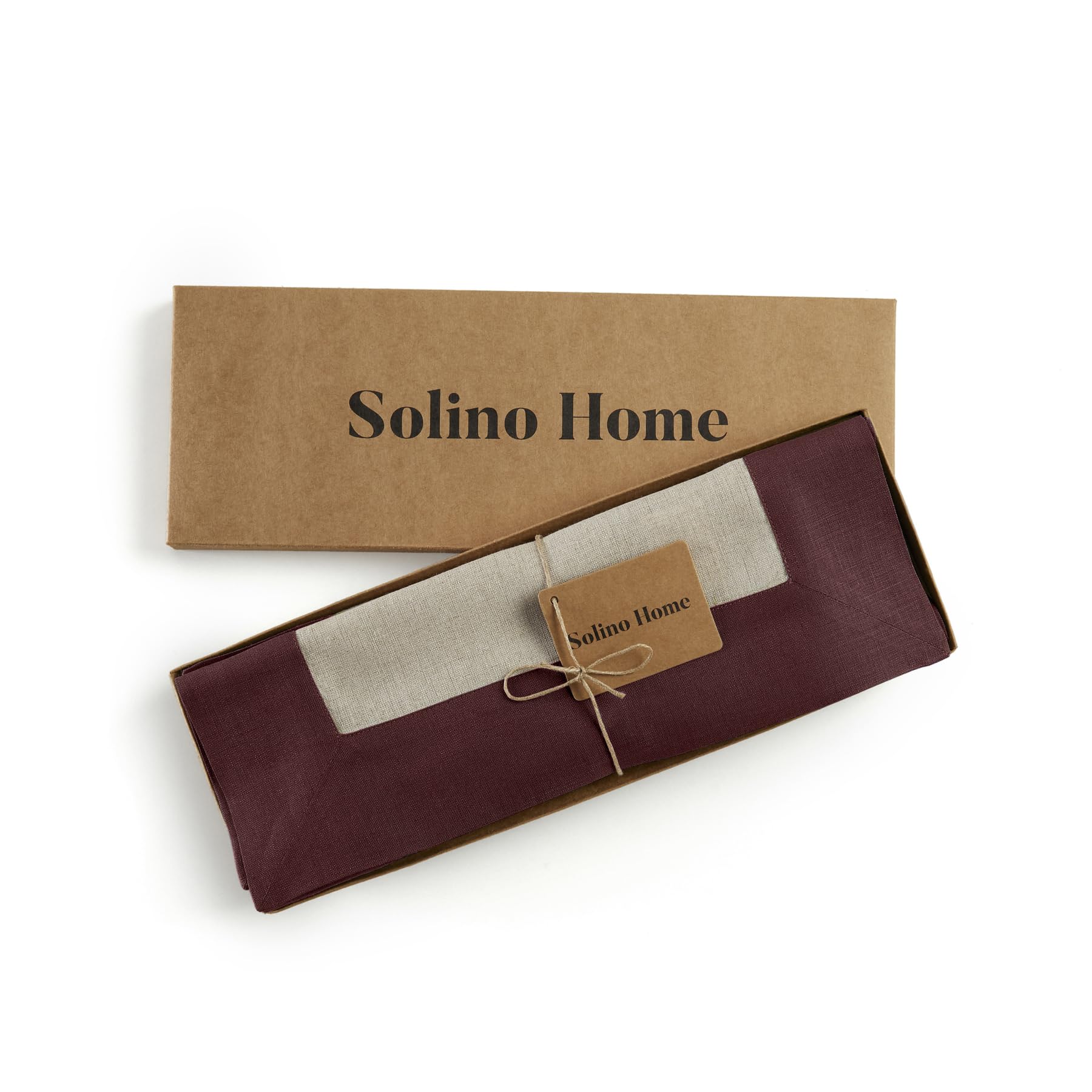 Solino Home Linen Placemats Set Of 4-100% Pure Linen Cloth Fabric Placemats Burgundy And Natural - 19'' L X 14'' W Inch Washable