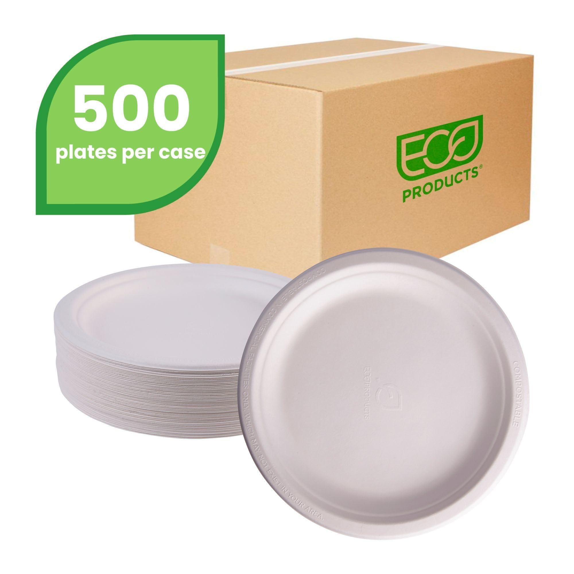Eco Products Compostable 9'' Paper Plates, Case Of 500, Disposable White Molded Fiber, Round, Tree-Free, Stronger Than Paper & S
