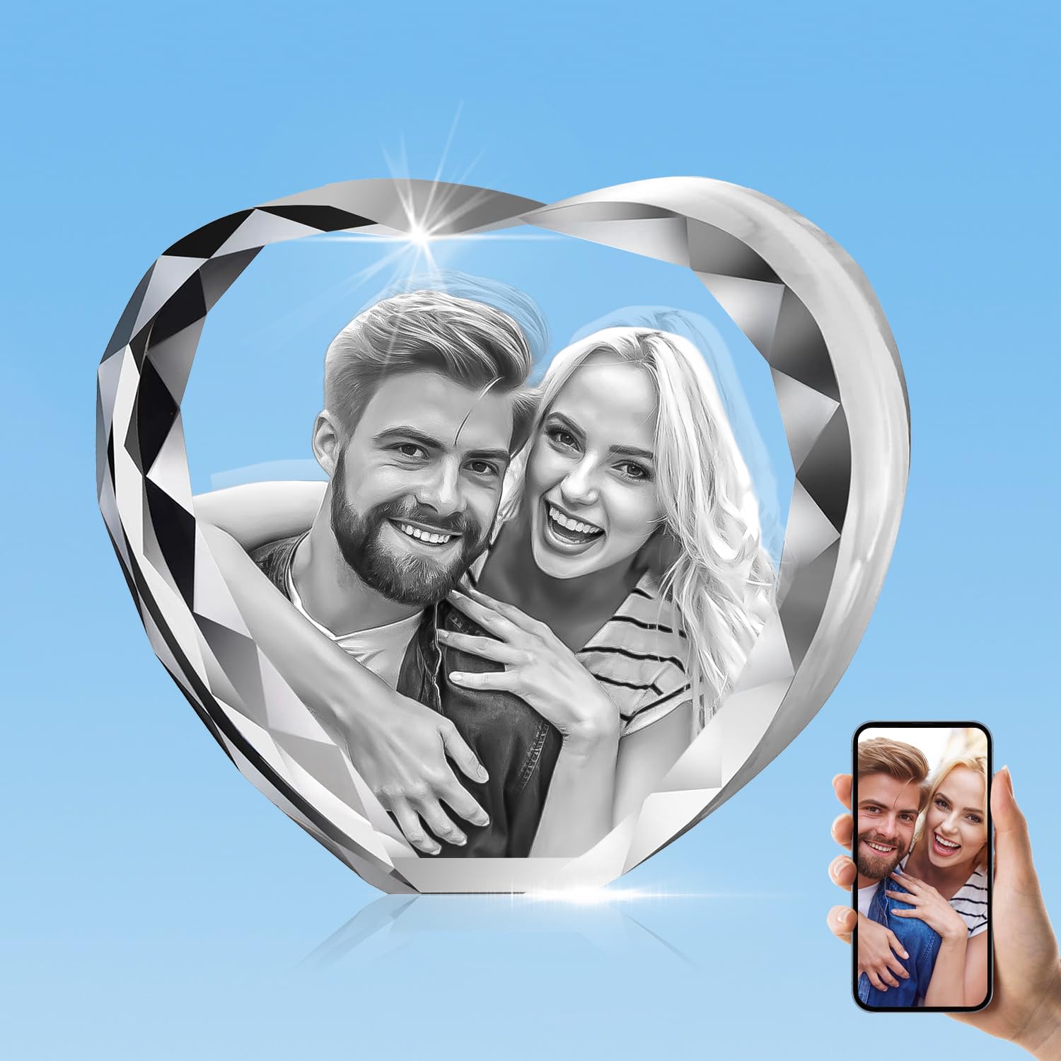 HANS LASER 3D Crystal Photo, Personalized Gift With Your Own Photo, Unique Fathers Day Gift,Birthday (New Heart)